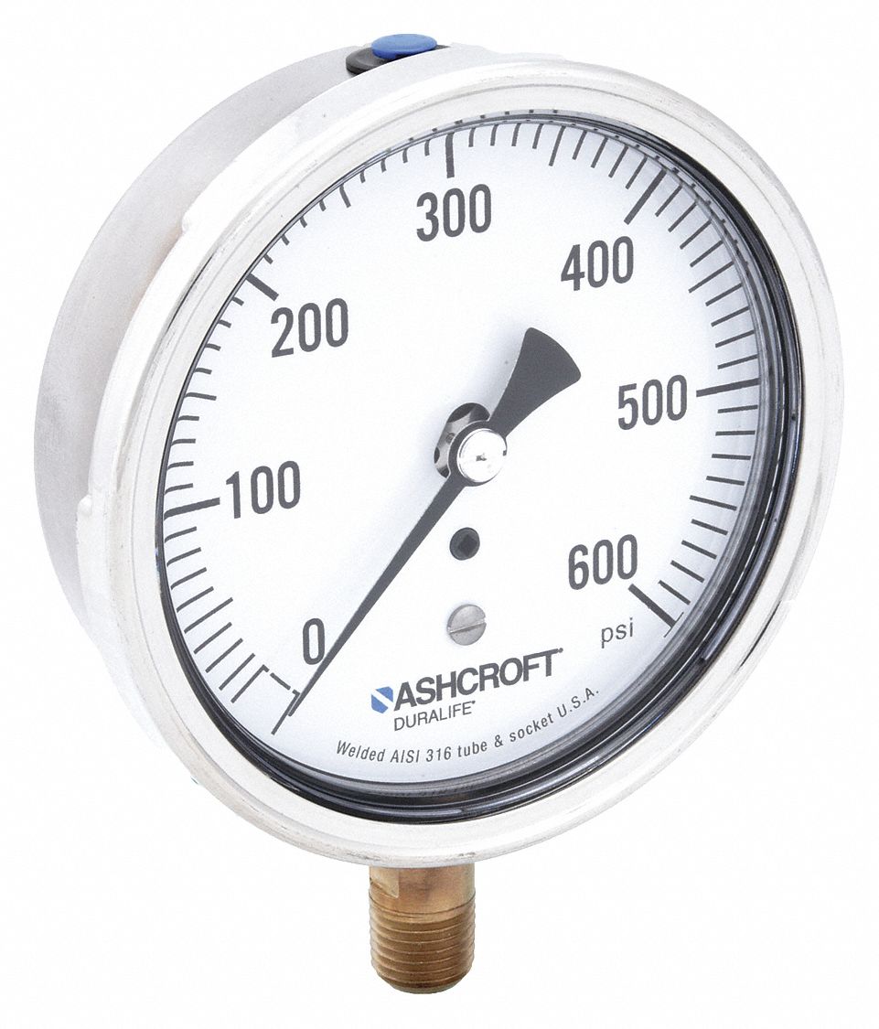 Industrial Pressure Gauge: 0 psi / Hg to 600 psi, 3 1/2 in Dial, 1/4 in NPT Male, Bottom