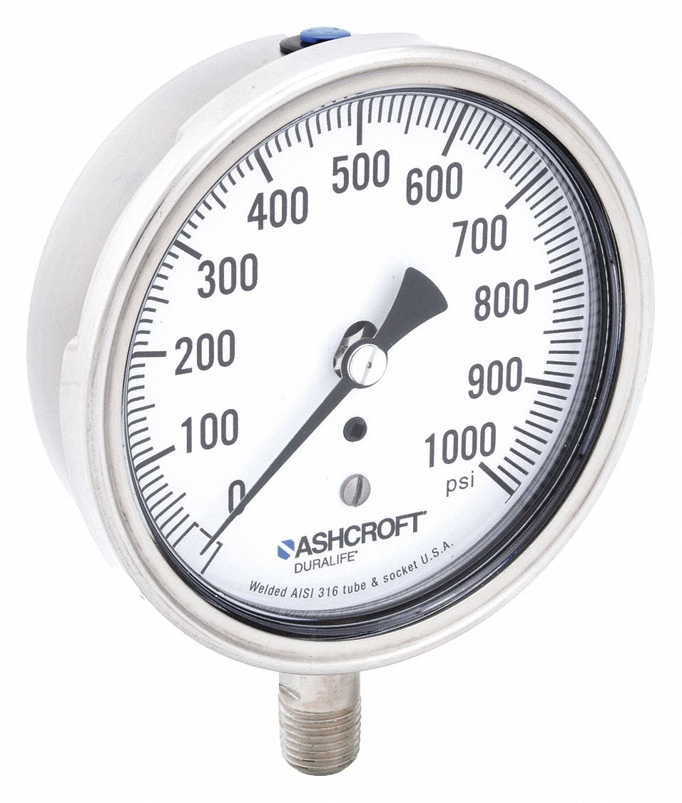 Industrial Pressure Gauge: 0 psi / Hg to 1, 000 psi, 3 1/2 in Dial, 1/4 in NPT Male, Bottom