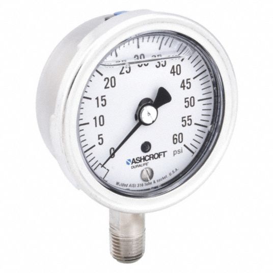 ASHCROFT Industrial Pressure Gauge: 0 to 60 psi, 2 1/2 in Dial,  Liquid-Filled, 1/4 in NPT Male, 1009