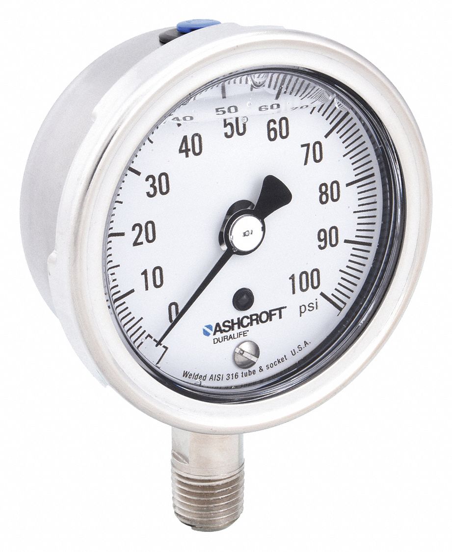 Industrial Pressure Gauge: 0 psi / Hg to 100 psi, 2 1/2 in Dial, 1/4 in NPT Male, Bottom