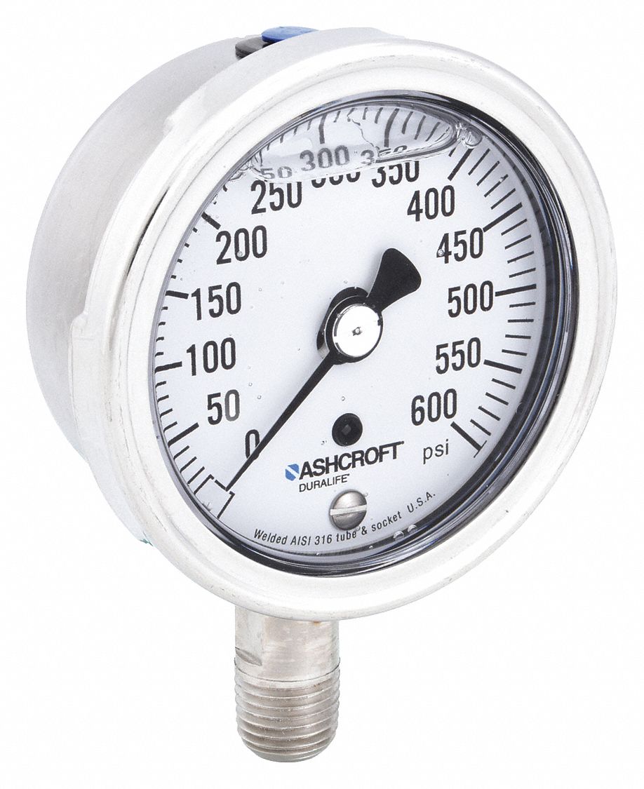 Industrial Pressure Gauge: 0 psi / Hg to 600 psi, 2 1/2 in Dial, 1/4 in NPT Male, Bottom