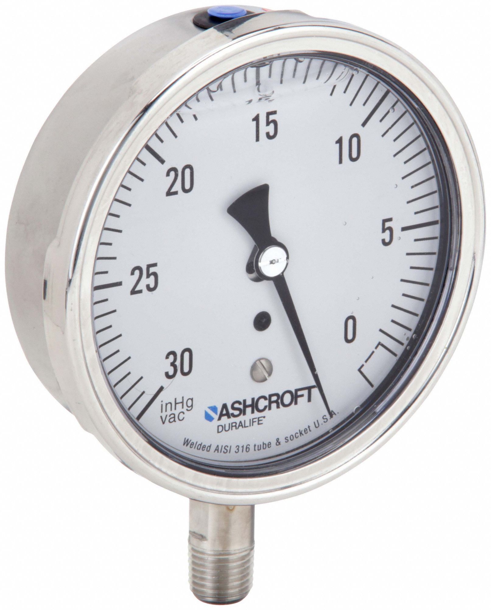 Industrial Vacuum Gauge: 0 in Hg, 3 1/2 in Dial, 1/4 in NPT Male, Bottom, ±1.5% Accuracy