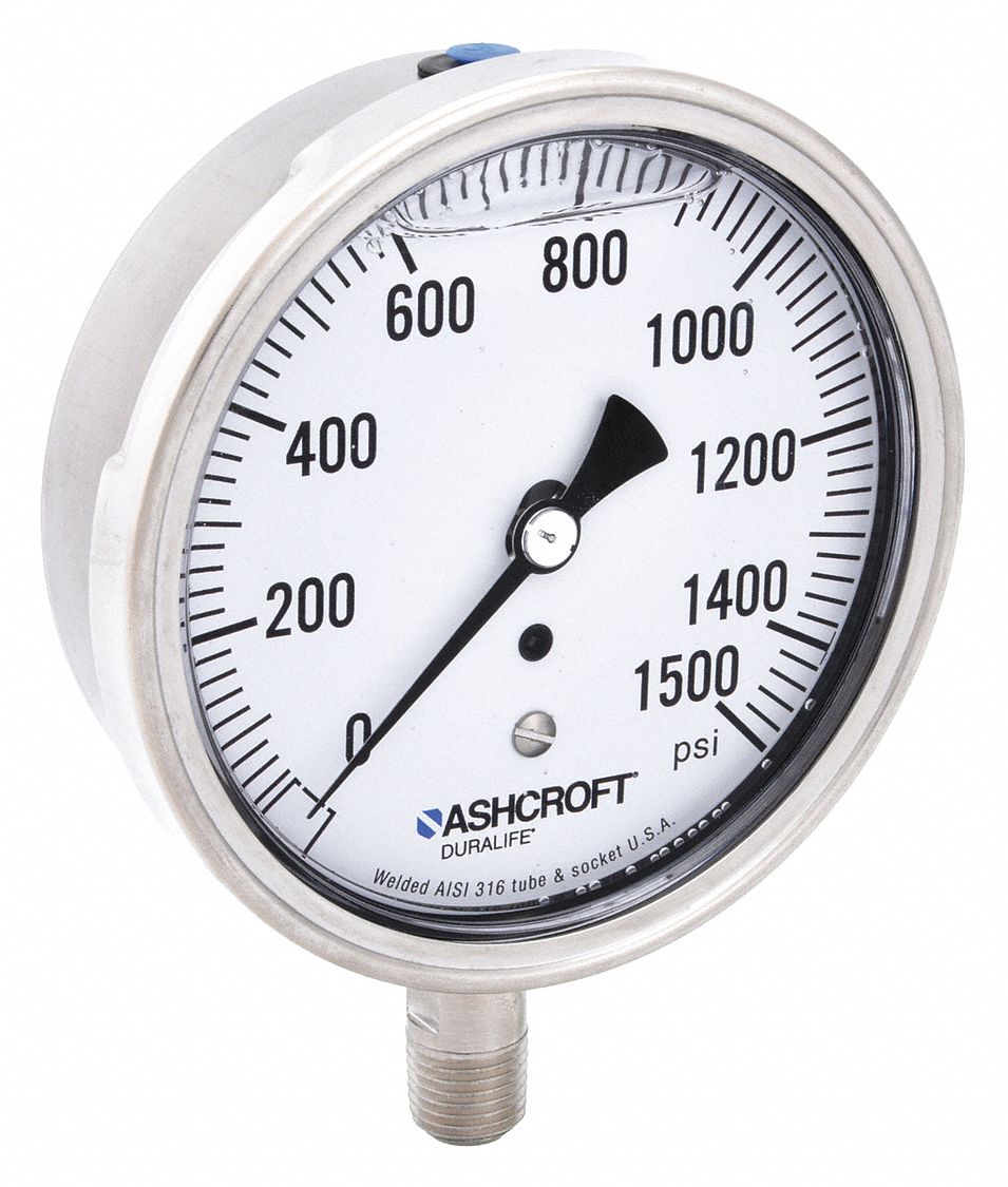 Industrial Pressure Gauge: 0 psi / Hg to 1, 500 psi, 3 1/2 in Dial, 1/4 in NPT Male, Bottom