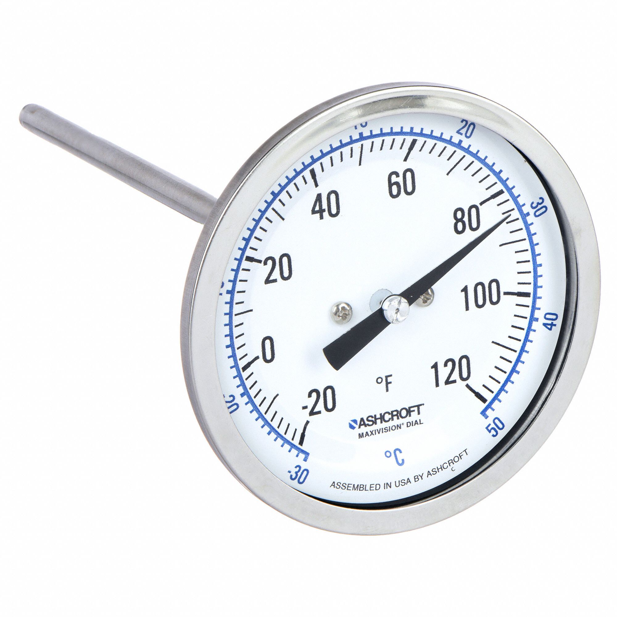 ASHCROFT Dial Thermometer, BiMetallic, 3 in Dial Size, 1/2 in