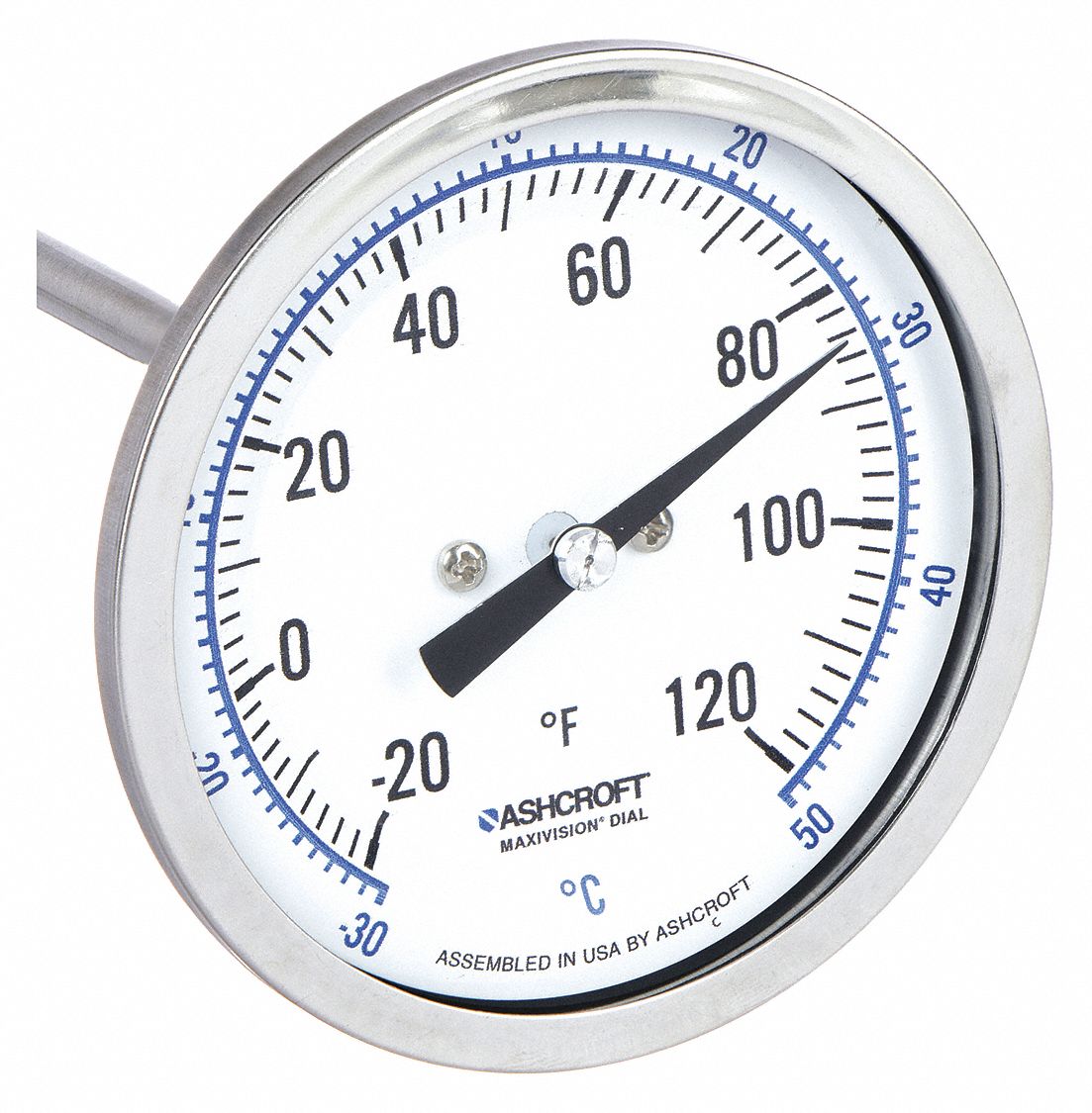 DIAL THERMOMETER, 6 IN STEM L, 3 IN DIAL DIAMETER, +/- 1% OF SPAN ASME B40.200 (B40.3 GRADE A) ACCURACY