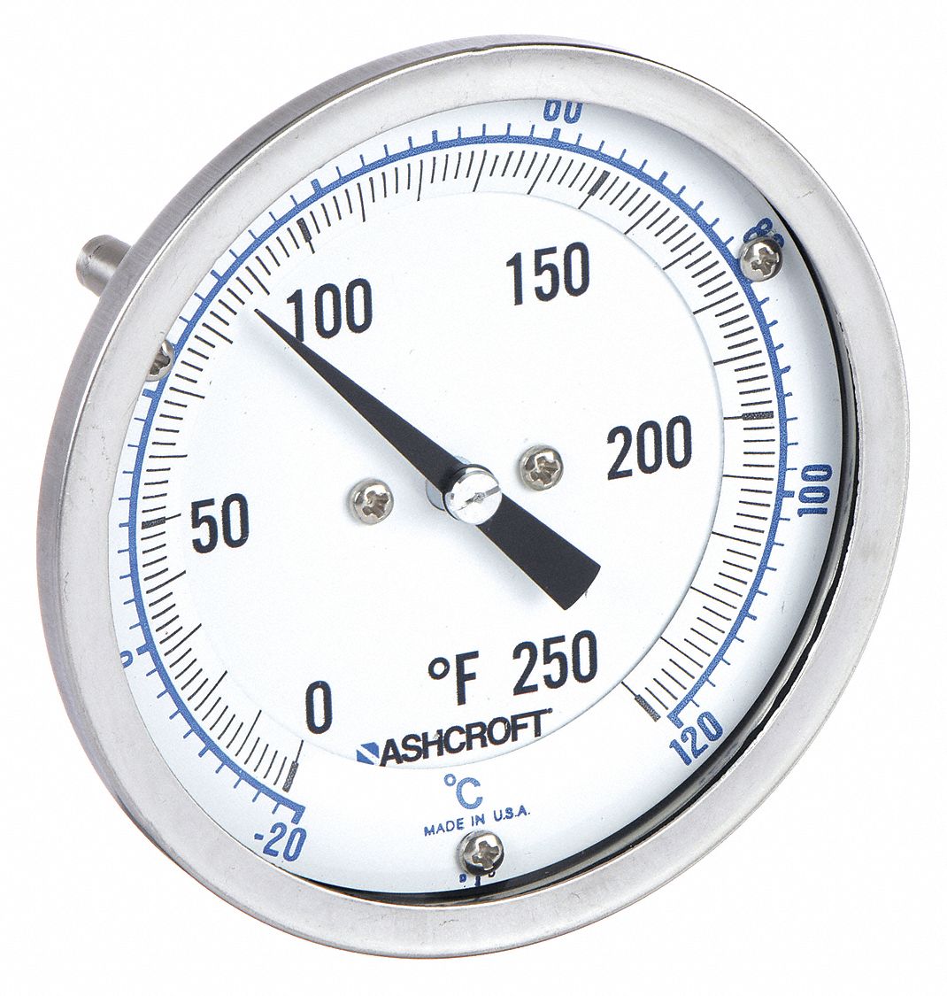 DIAL THERMOMETER, 2.5 IN STEM L, 3 IN DIAL DIAMETER, 250 ° F MAXIMUM TEMPERATURE, 0 ° F MINIMUM TEMPERATURE