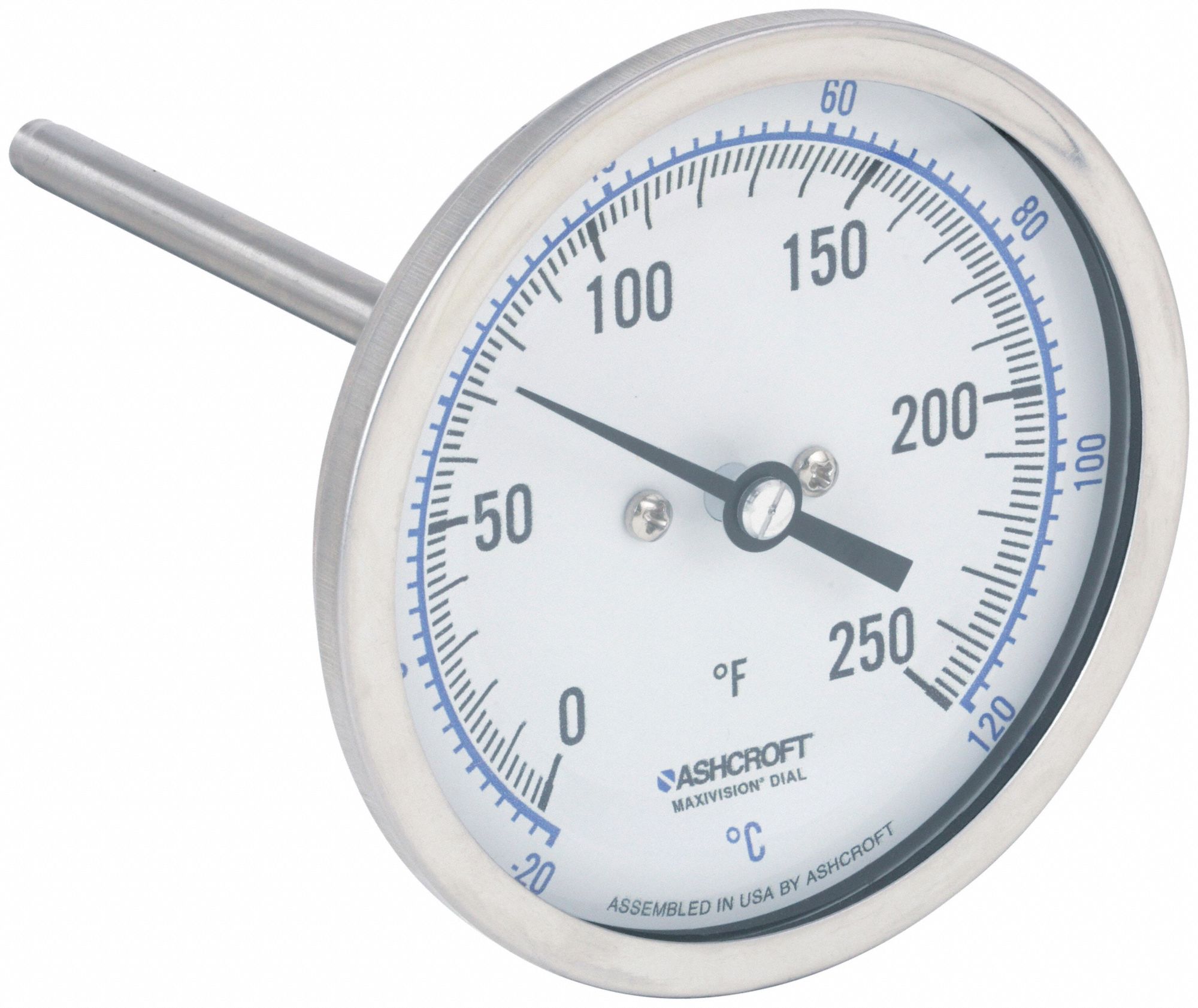 DIAL THERMOMETER, 4 IN STEM L, 3 IN DIAL DIAMETER, +/- 1% OF SPAN ASME B40.200 (B40.3 GRADE A) ACCURACY