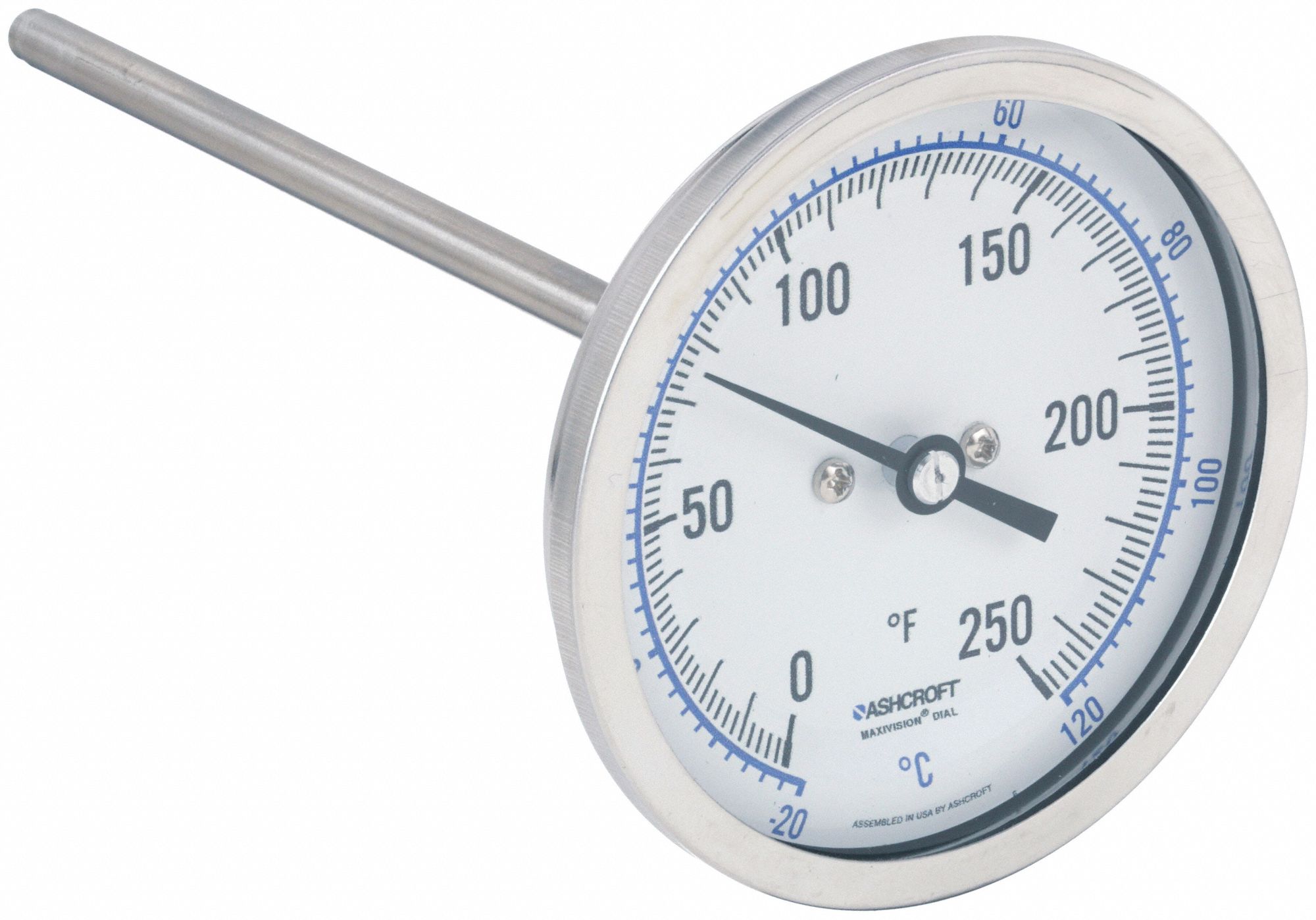 DIAL THERMOMETER, 6 IN STEM L, 3 IN DIAL DIAMETER, +/- 1% OF SPAN ASME B40.200 (B40.3 GRADE A) ACCURACY