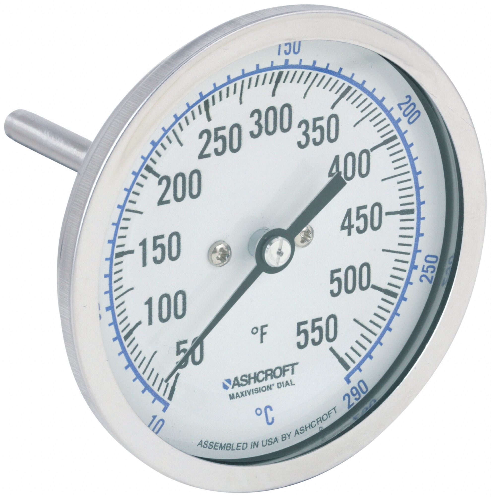 DIAL THERMOMETER, 2.5 IN STEM L, 3 IN DIAL DIAMETER, 550 &deg; F MAXIMUM TEMPERATURE, 50 &deg; F MINIMUM TEMPERATURE