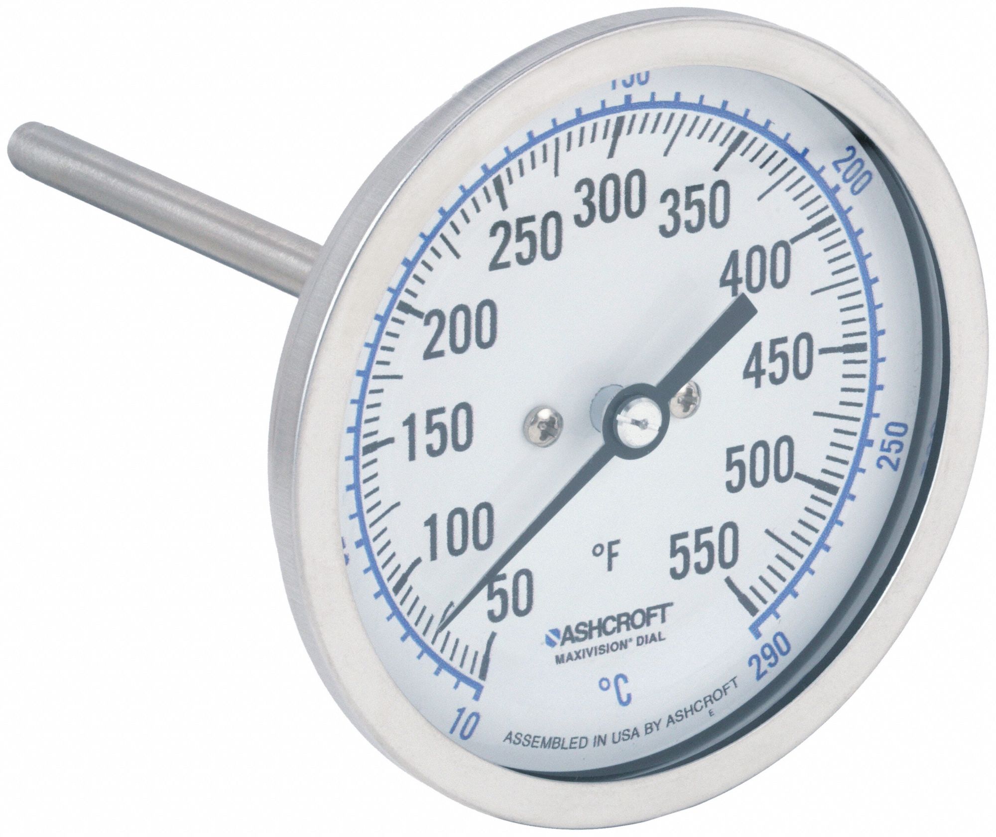 Dial Thermometer: 50°F to 550°F /10°C to 290°C, ±1% Accuracy, 4 in Stem Lg, 3 in Dial Dia