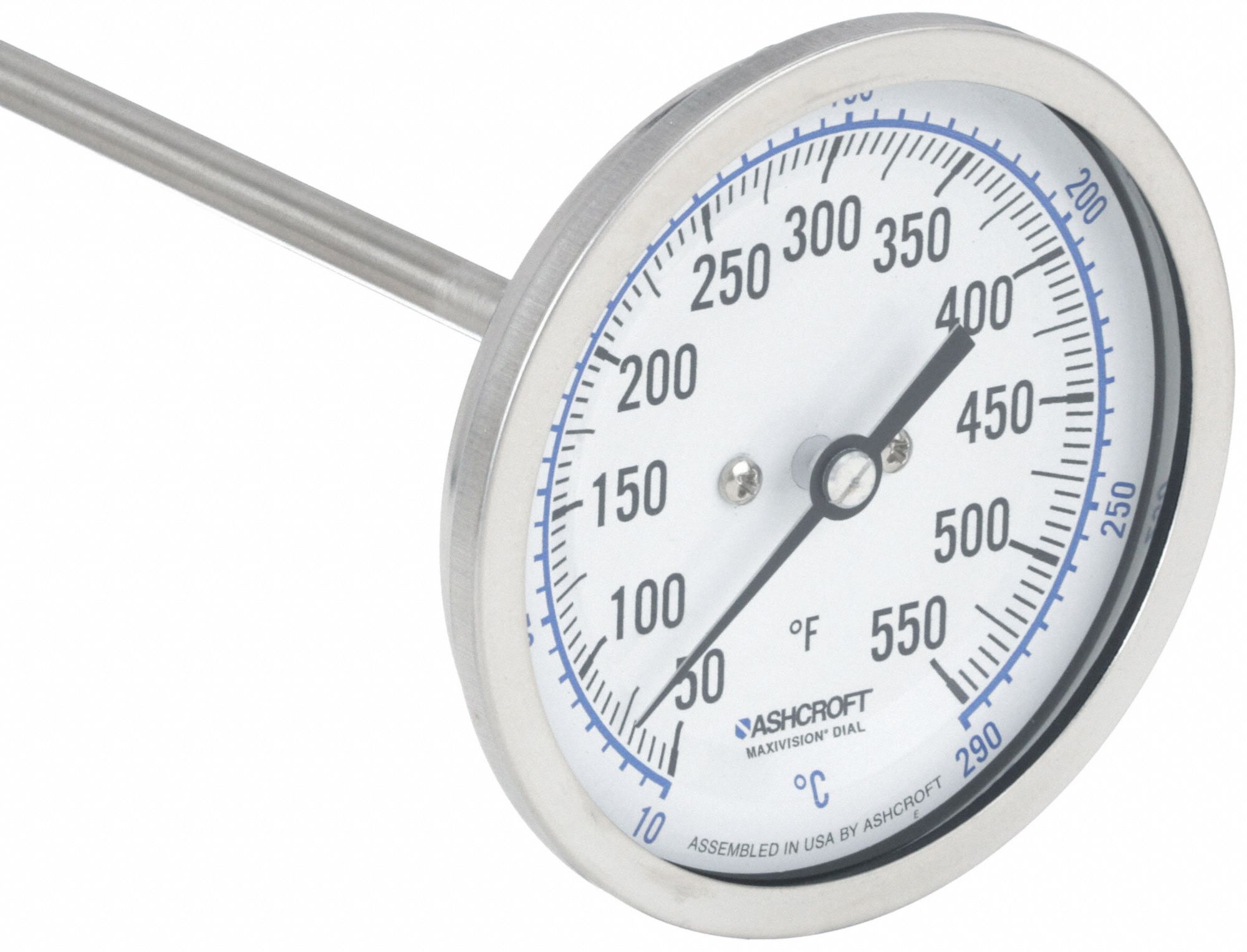 Dial Thermometer: 50°F to 550°F /10°C to 290°C, ±1% Accuracy, 9 in Stem Lg, 3 in Dial Dia