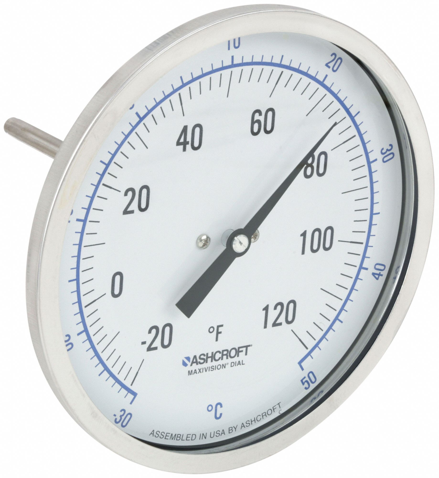 Dial Thermometer: -20°F to 120°F /-30°C to 50°C, ±1% Accuracy, 4 in Stem Lg, 5 in Dial Dia