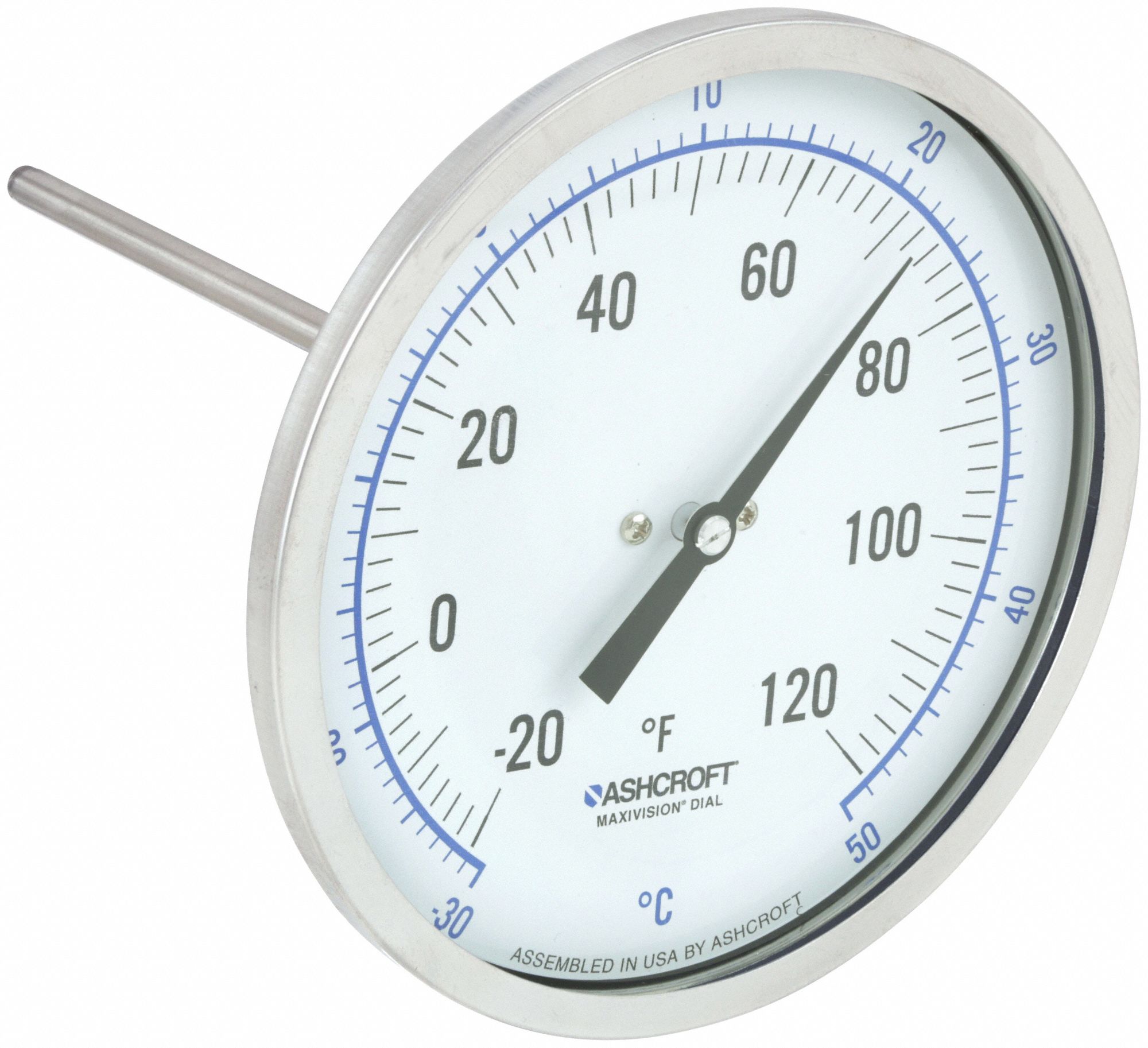 DIAL THERMOMETER, 6 IN STEM L, 5 IN DIAL DIAMETER, +/- 1% OF SPAN ASME B40.200 (B40.3 GRADE A) ACCURACY