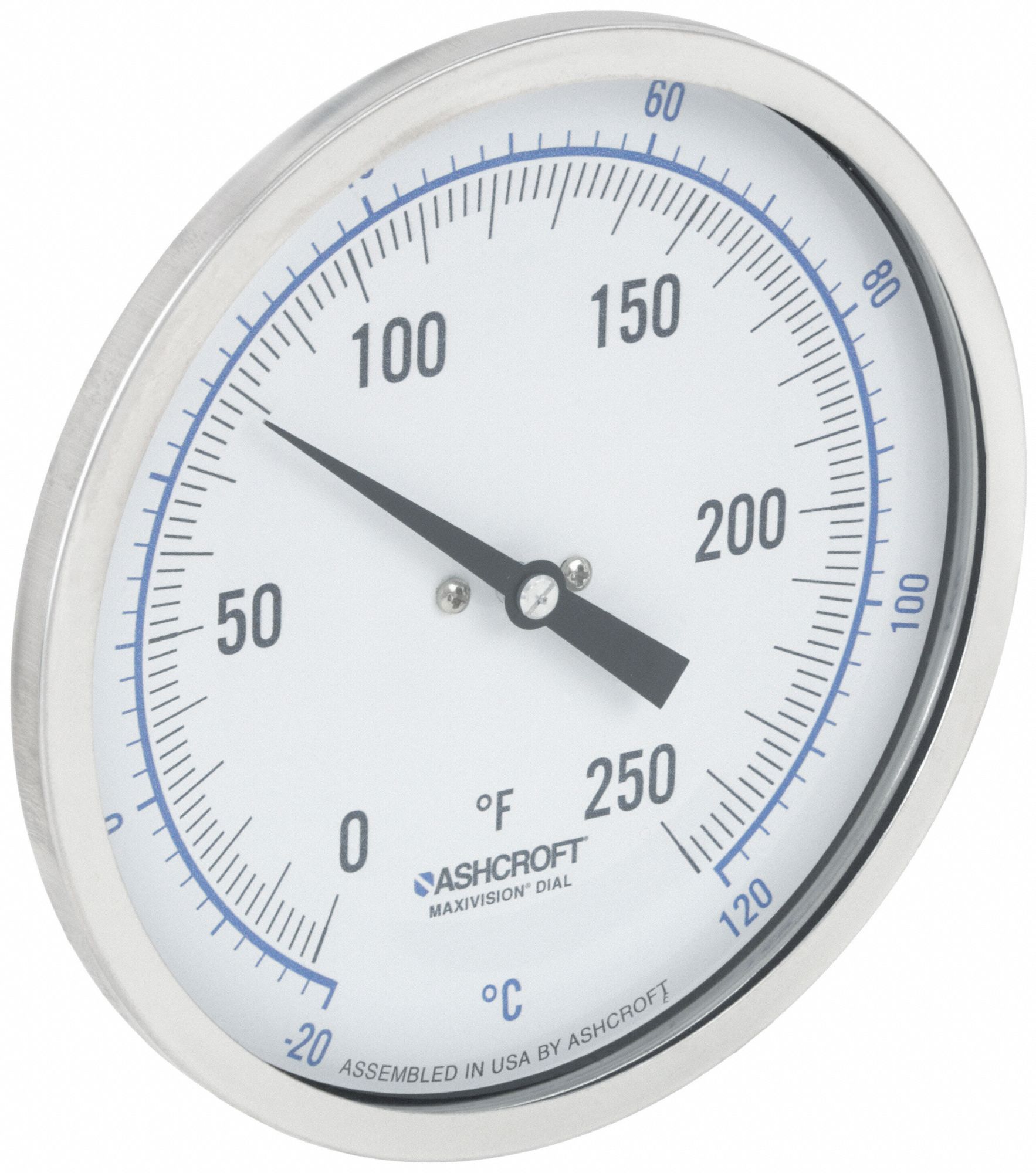 DIAL THERMOMETER, 2.5 IN STEM L, 5 IN DIAL DIAMETER, 250 ° F MAXIMUM TEMPERATURE, 0 ° F MINIMUM TEMPERATURE