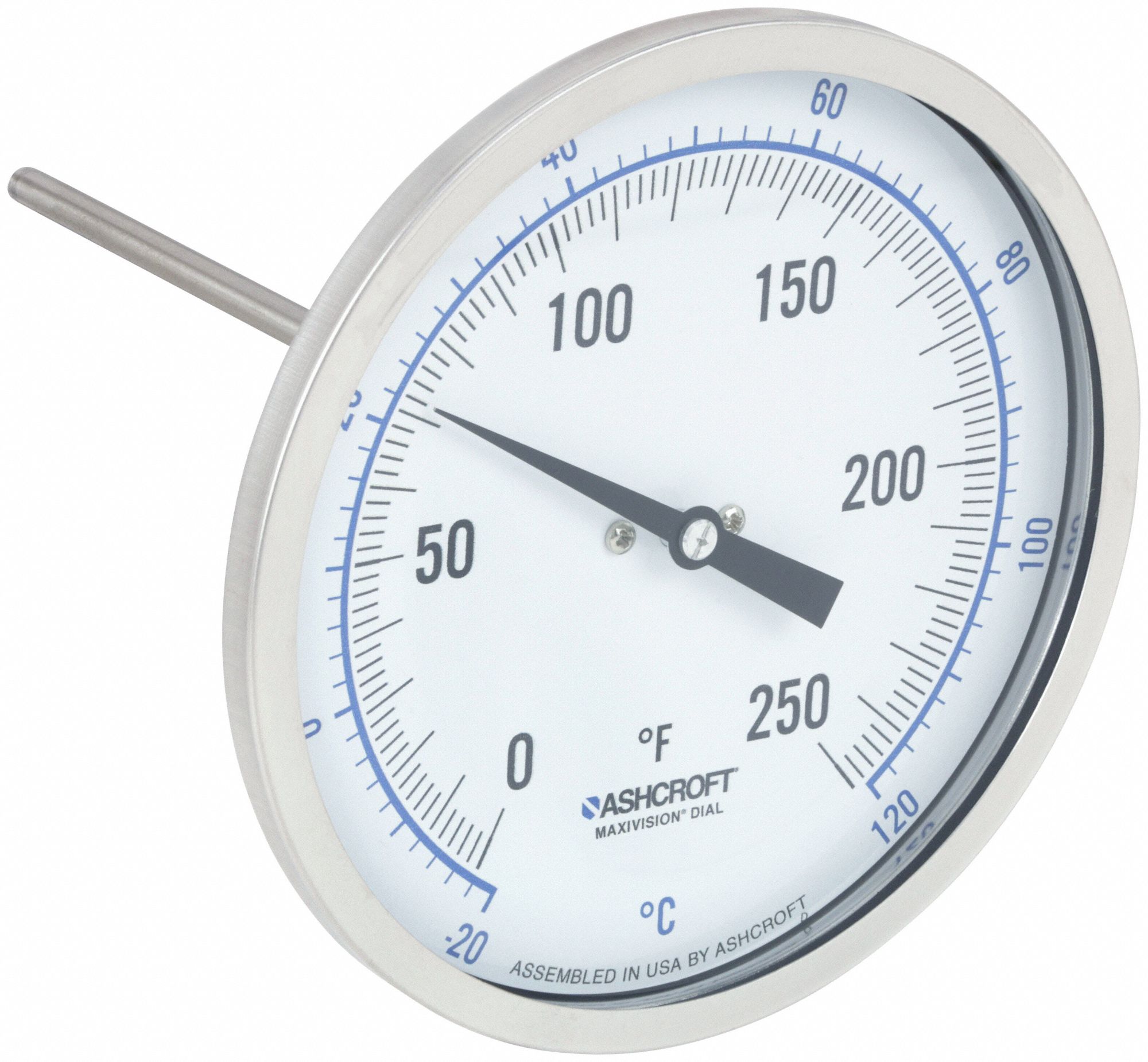 DIAL THERMOMETER, 6 IN STEM L, 5 IN DIAL DIAMETER, +/- 1% OF SPAN ASME B40.200 (B40.3 GRADE A) ACCURACY