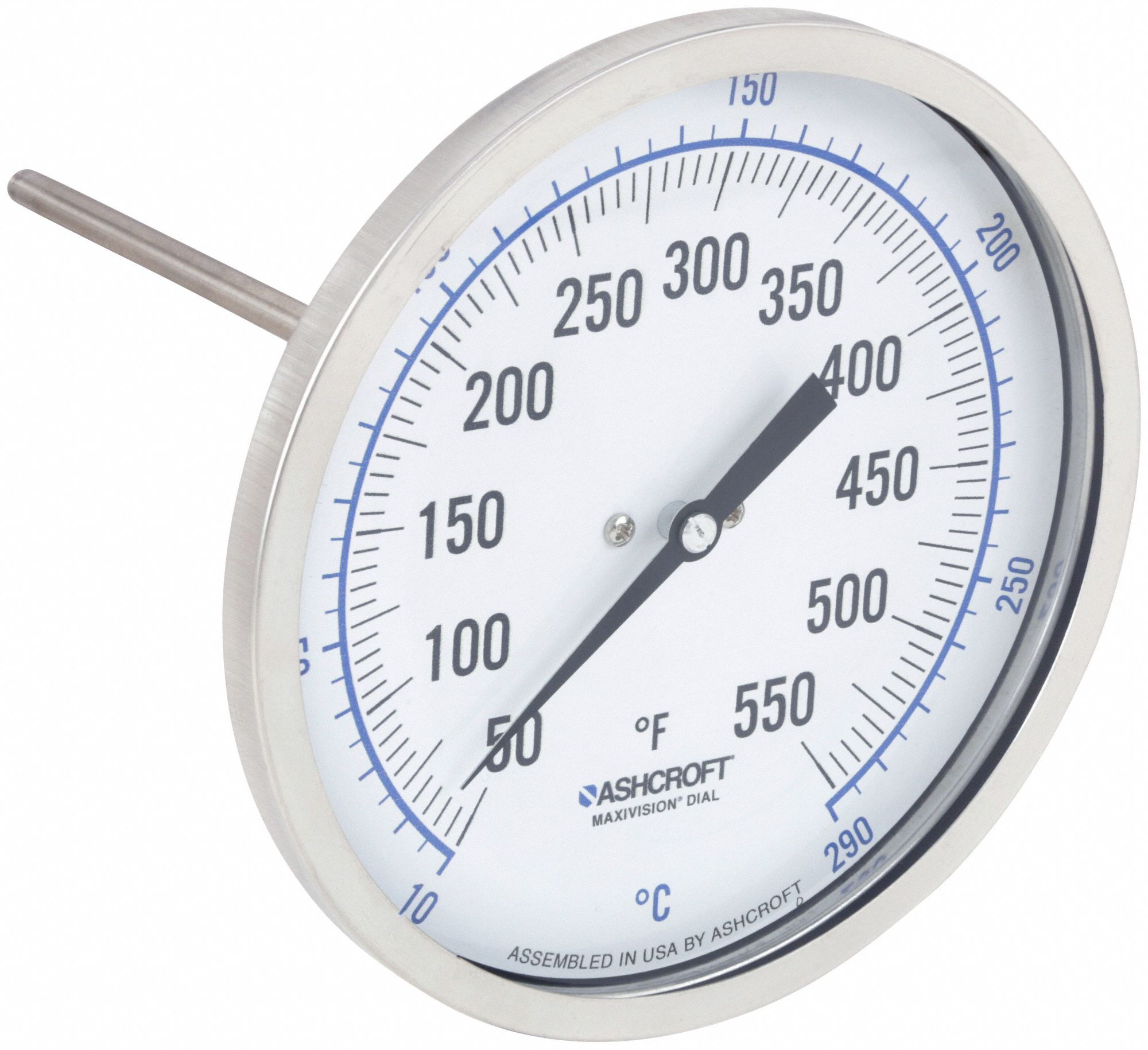 DIAL THERMOMETER, 6 IN STEM L, 5 IN DIAL DIAMETER, +/- 1% OF SPAN ASME B40.200 (B40.3 GRADE A) ACCURACY