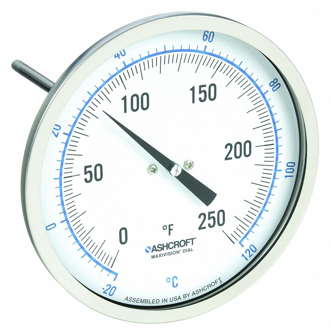 DIAL THERMOMETER, 4 IN STEM L, 5 IN DIAL DIAMETER, +/- 1% OF SPAN ASME B40.200 (B40.3 GRADE A) ACCURACY
