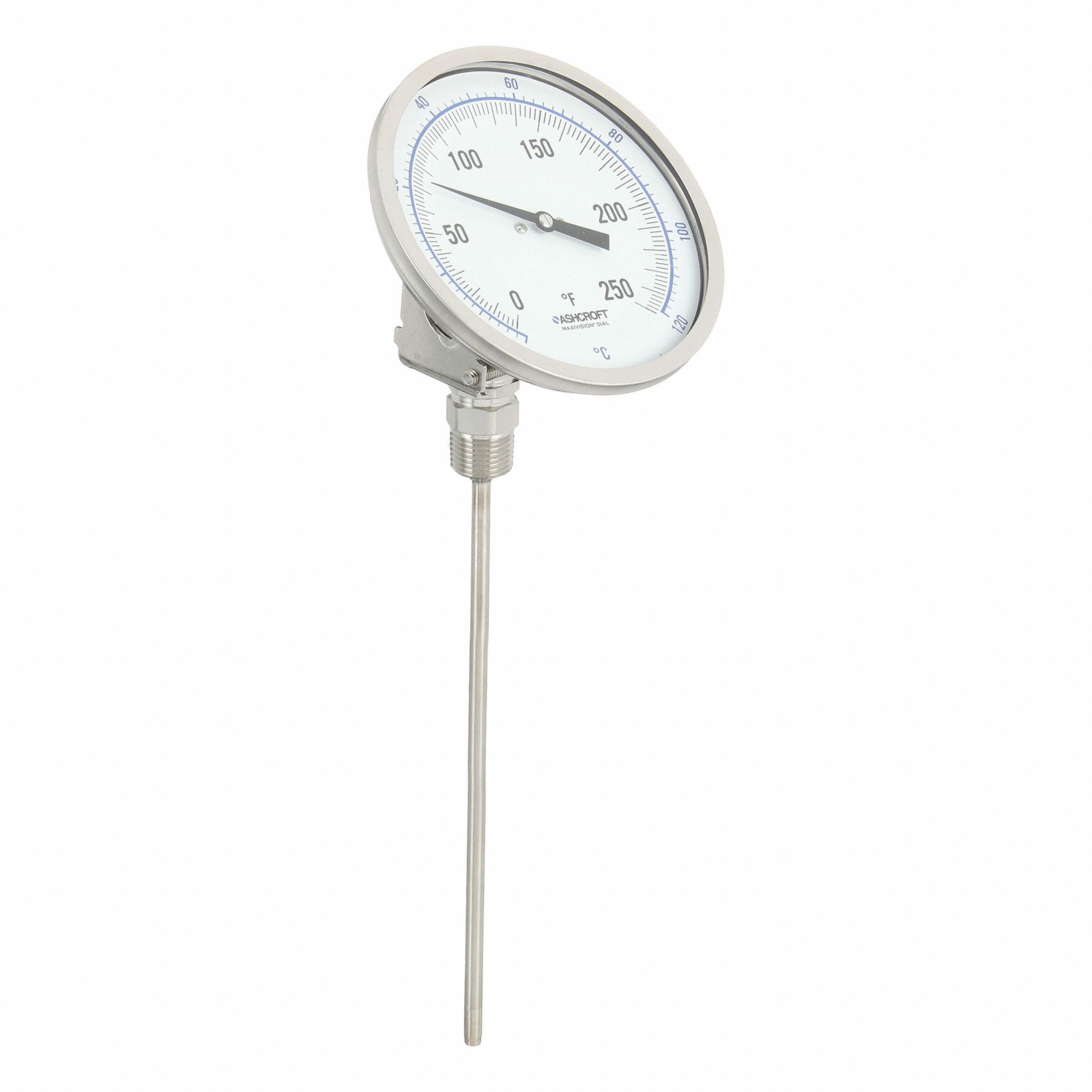 Dial Thermometer: 0°F to 250°F /-20°C to 120°C, ±1% Accuracy, 9 in Stem Lg, 5 in Dial Dia