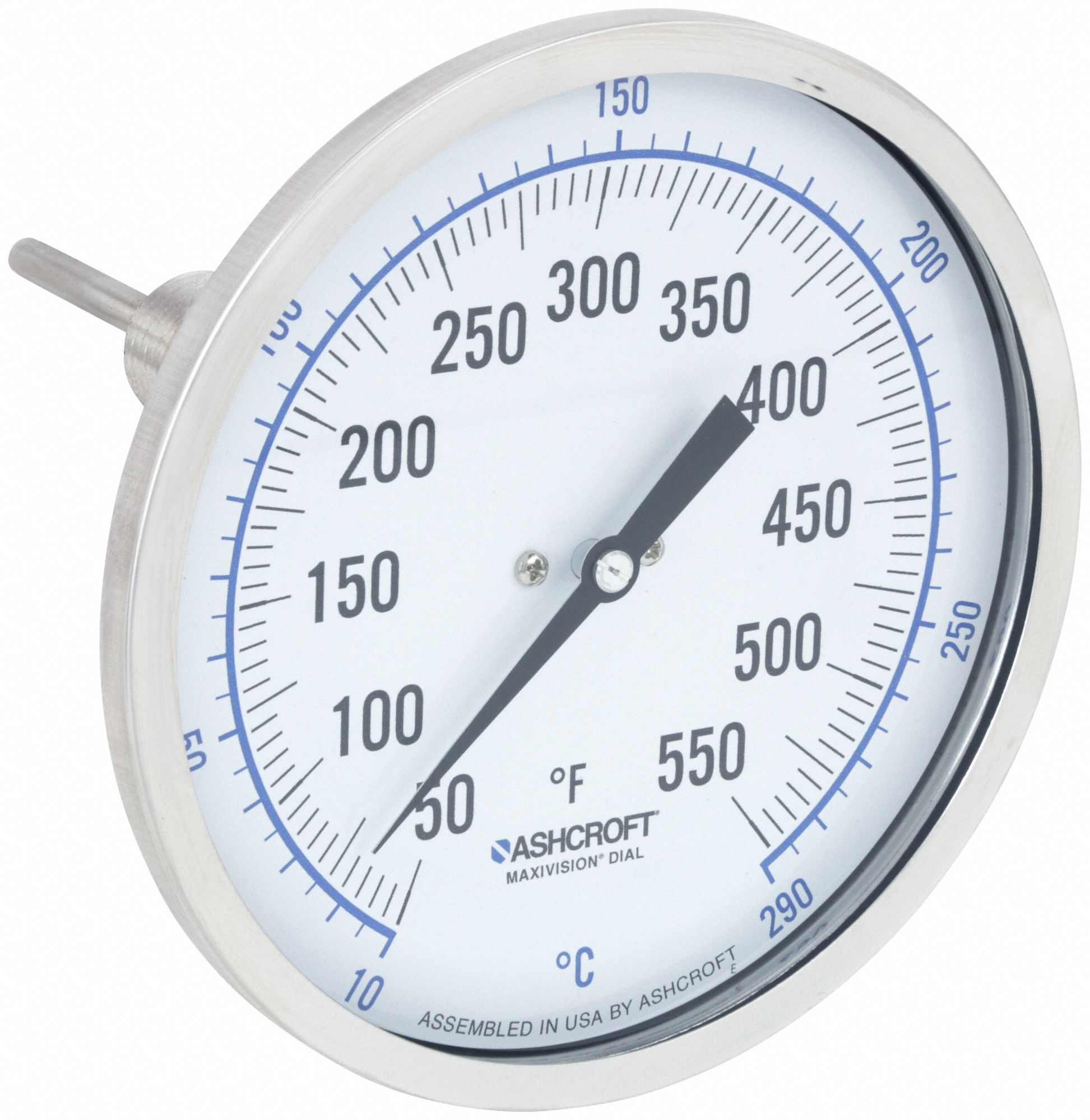 Dial Thermometer: 50°F to 550°F /10°C to 290°C, ±1% Accuracy, 2.5 in Stem Lg, 5 in Dial Dia