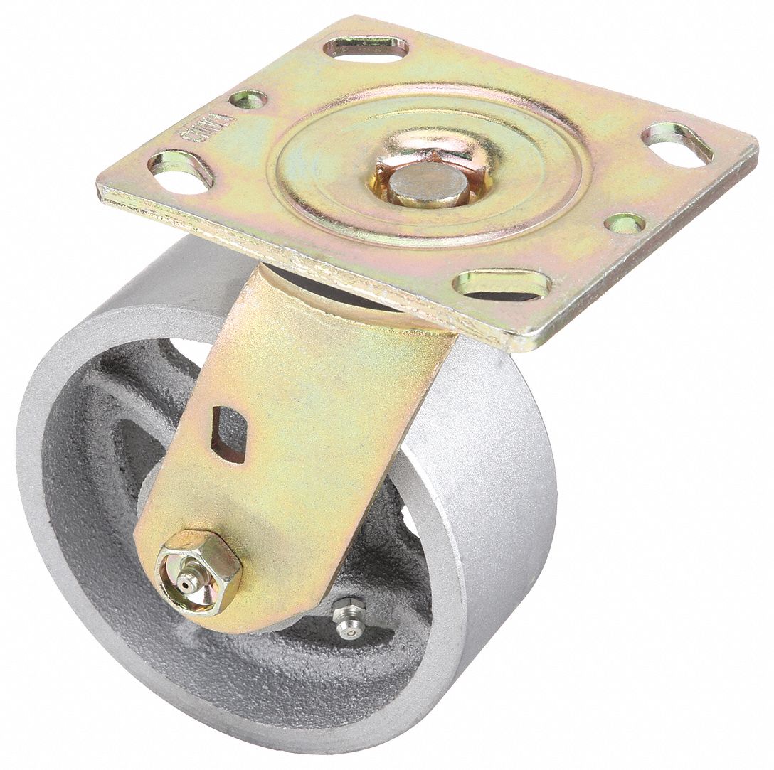 Plate Caster: Swivel, No Brake, Iron, 5 in Wheel Dia, 2 in Wheel Wd, Roller, Swivel