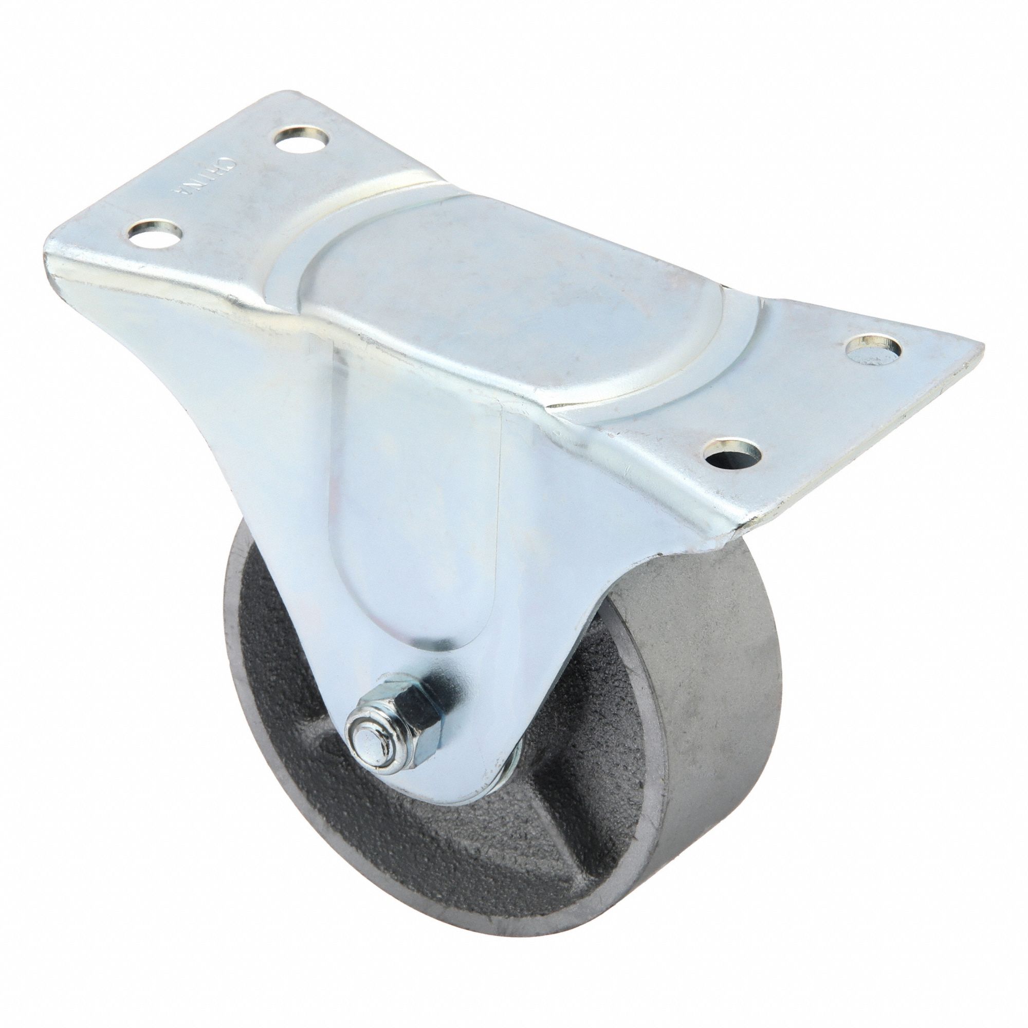 Plate Caster: Rigid, No Brake, Iron, 4 in Wheel Dia, 1 5/16 in Wheel Wd, Hole, Plain