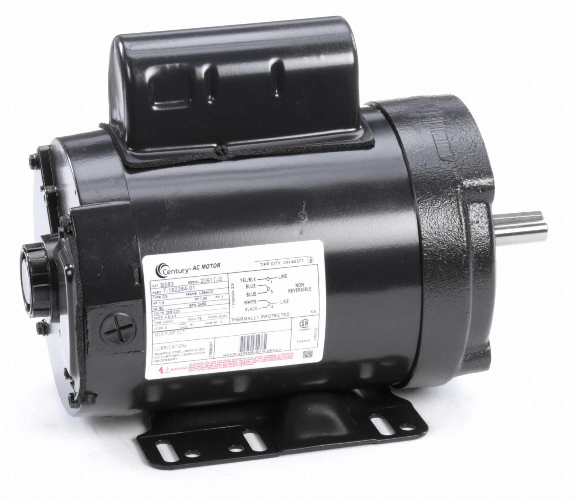 CENTURY Milk Pump Motor, 1 HP, Permanent Split Capacitor, Nameplate RPM ...