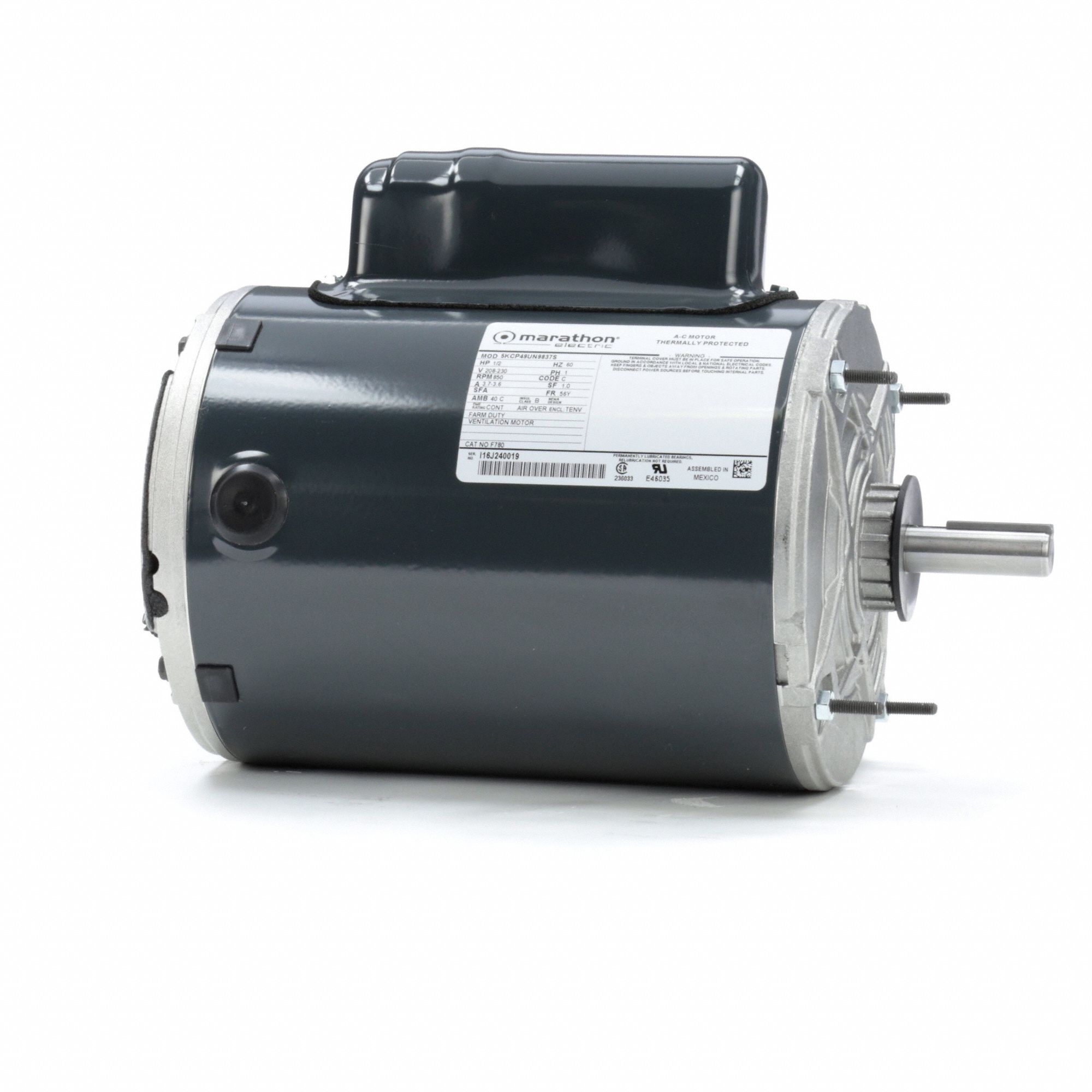 MARATHON MOTORS Agricultural Fan Motor: 1/2, 850 Nameplate RPM, 208-230V  AC, 56Y, Auto, Keyed, Face