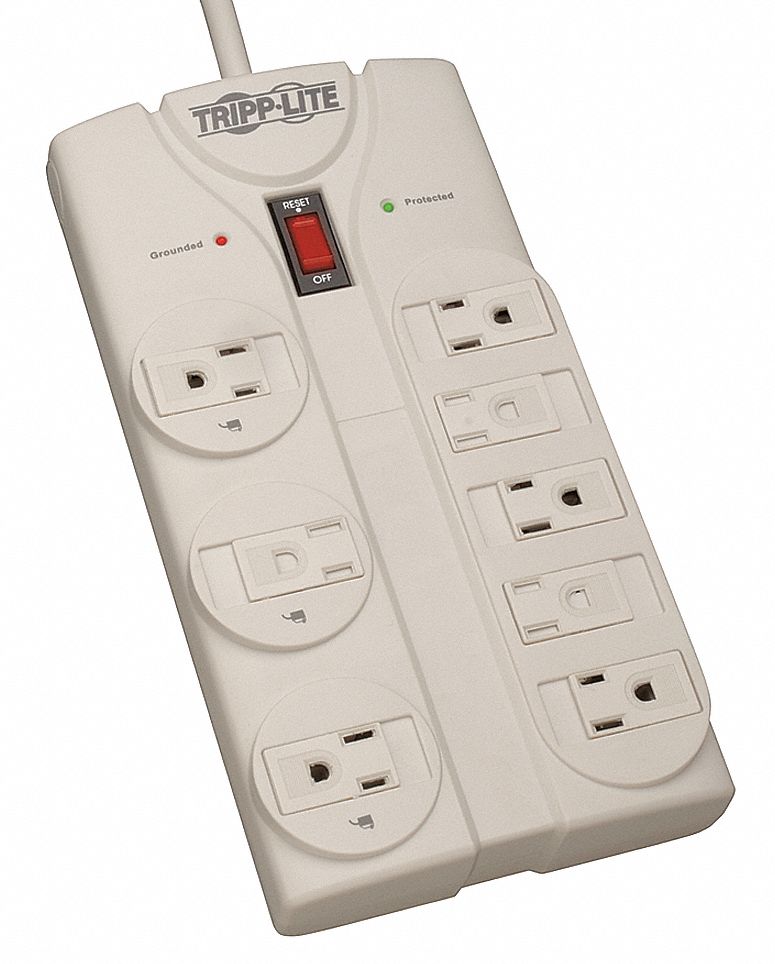 SURGE PROTECTOR OUTLET STRIP, 8 OUTLETS, NEMA 5-15R, NEMA 5-15P, 8 FT CORD, GREY