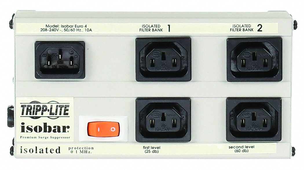 Isolated Filter Surge Protector Outlet Strip: 4 Outlets, IEC C13, IEC C14, 6.6 ft Cord Lg