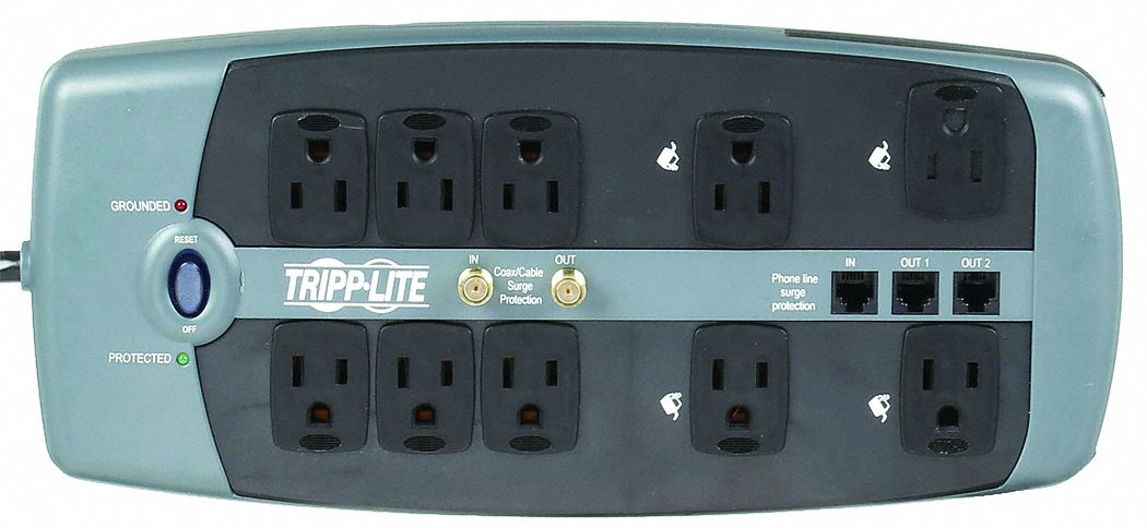 DATACOM SURGE PROTECTOR, 10 OUTLETS, NEMA 5-15R, NEMA 5-15P, 8 FT CORD, 11⅝ IN L
