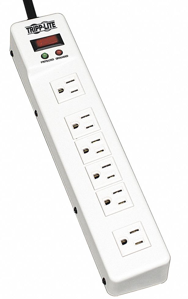 SURGE PROTECTOR OUTLET STRIP, 6 OUTLETS, NEMA 5-15R, NEMA 5-15P, 6 FT CORD, WHITE