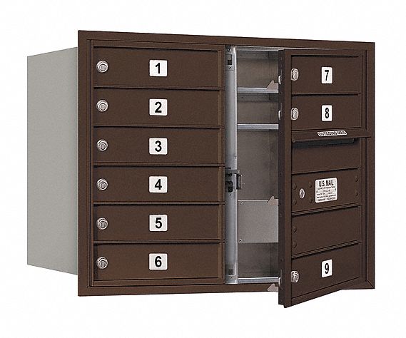 Mailbox: 4C, 9 Doors, Horizontal, 23 7/8 in H x 31 1/8 in W x 16 1/2 in D, Recessed Mounting