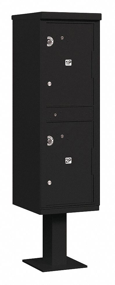 Parcel Locker: 2 Doors, Vertical, 62 in H x 16 in W x 18 in D, Pedestal Mounting, Black, Lockable