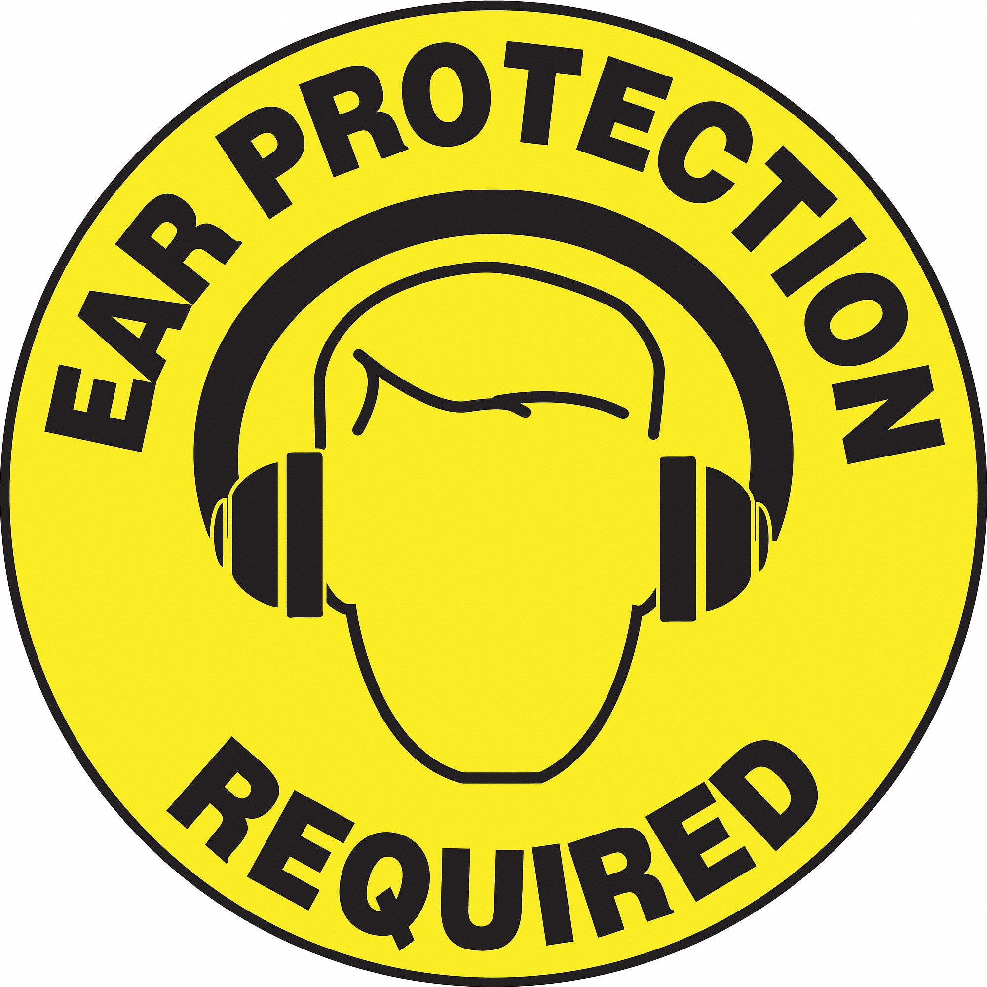 SLIP-GARD ROUND FLOOR SIGN, VINYL, EAR PROTECTION REQUIRED, NO HEADER, CIRCLE, 17 IN HEIGHT, ADHESIVE MOUNT
