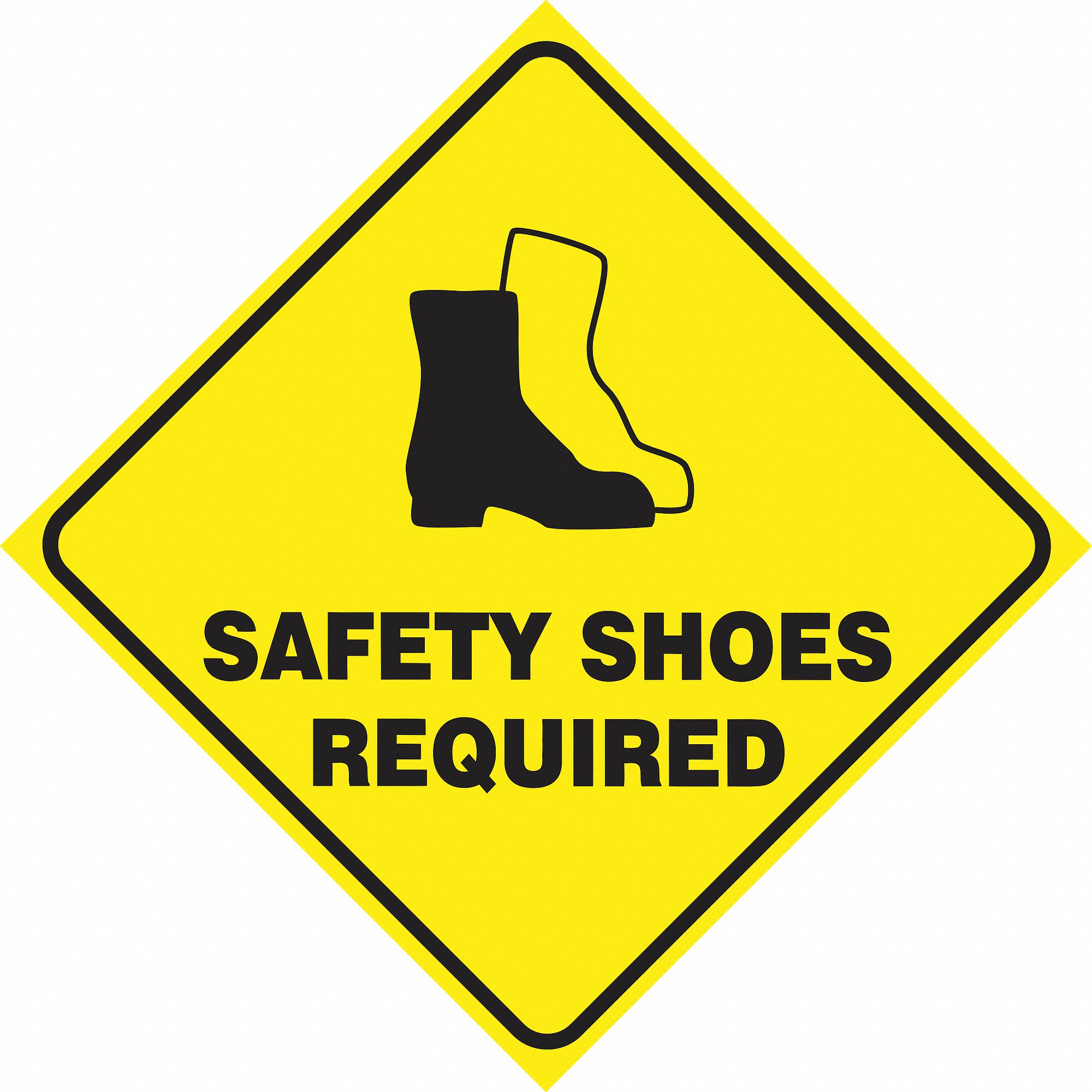 SLIP-GARD DIAMOND SHAPE FLOOR SIGN, VINYL, SAFETY SHOES REQUIRED, NO HEADER, DIAMOND, ADHESIVE MOUNT, 17 X 17 IN