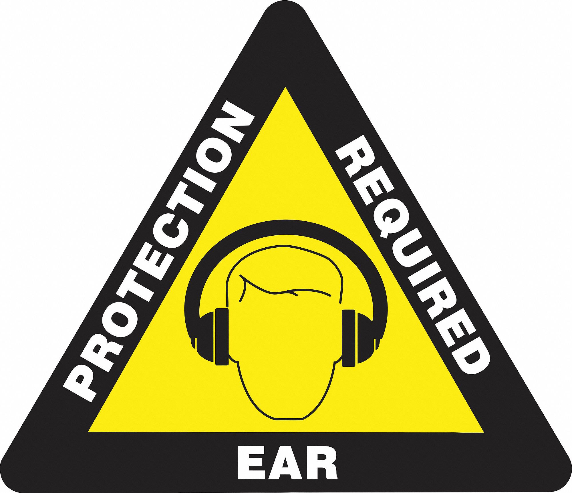 SLIP-GARD TRIANGLE SHAPE FLOOR SIGN, VINYL, EAR PROTECTION REQUIRED, NO HEADER, TRIANGLE, ADHESIVE MOUNT, 15 X 17 IN