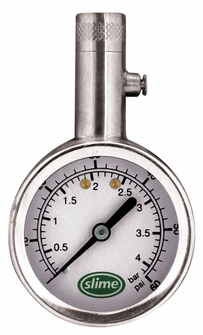 DIAL TIRE GAUGE, TIRE PRESSURE GAUGE, ANALOG, 1 PSI PRESSURE INCREMENTS, 3½ IN OVERALL L