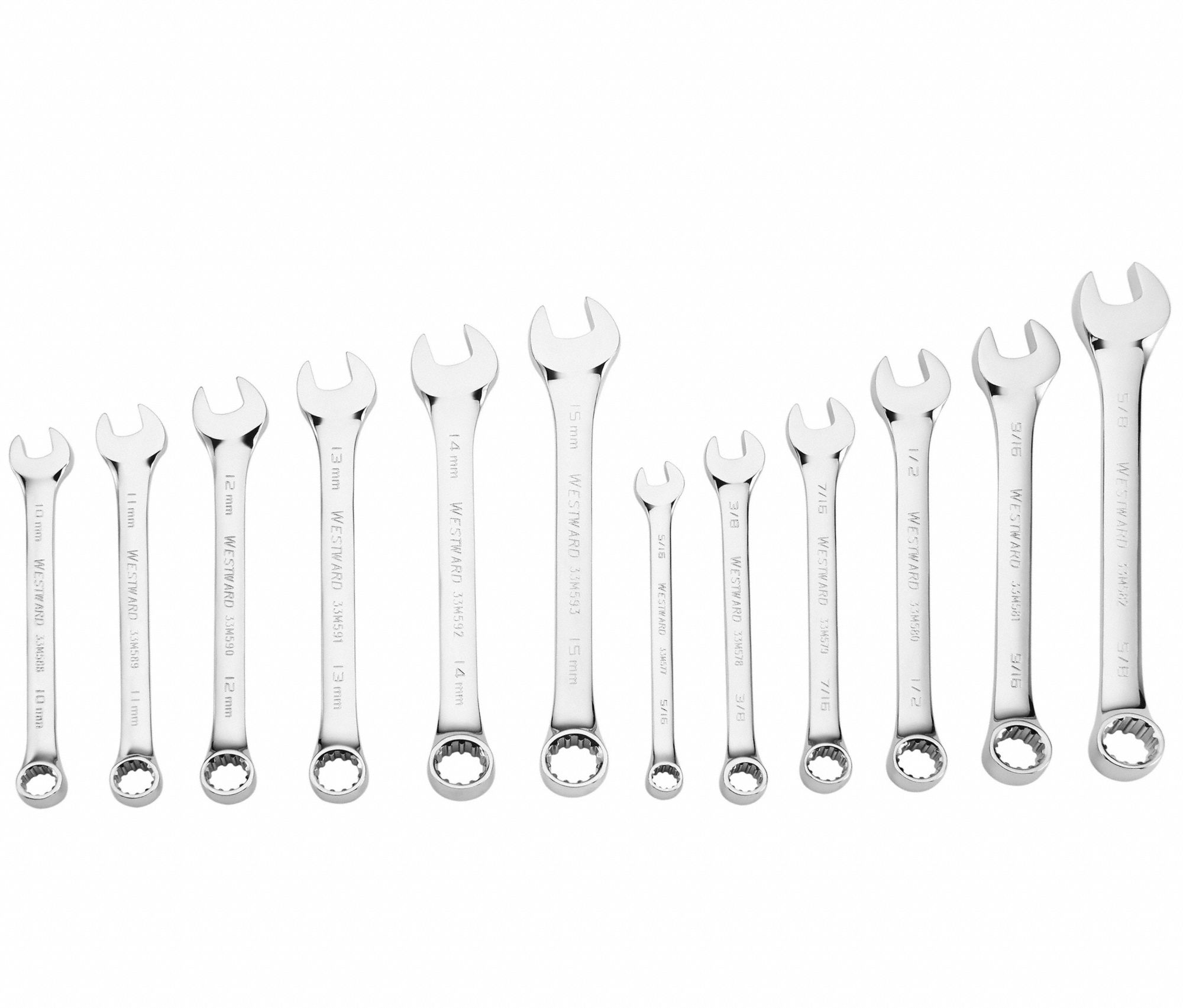 WESTWARD Combination Wrench Set Alloy Steel, Chrome, 12 Tools, 15
