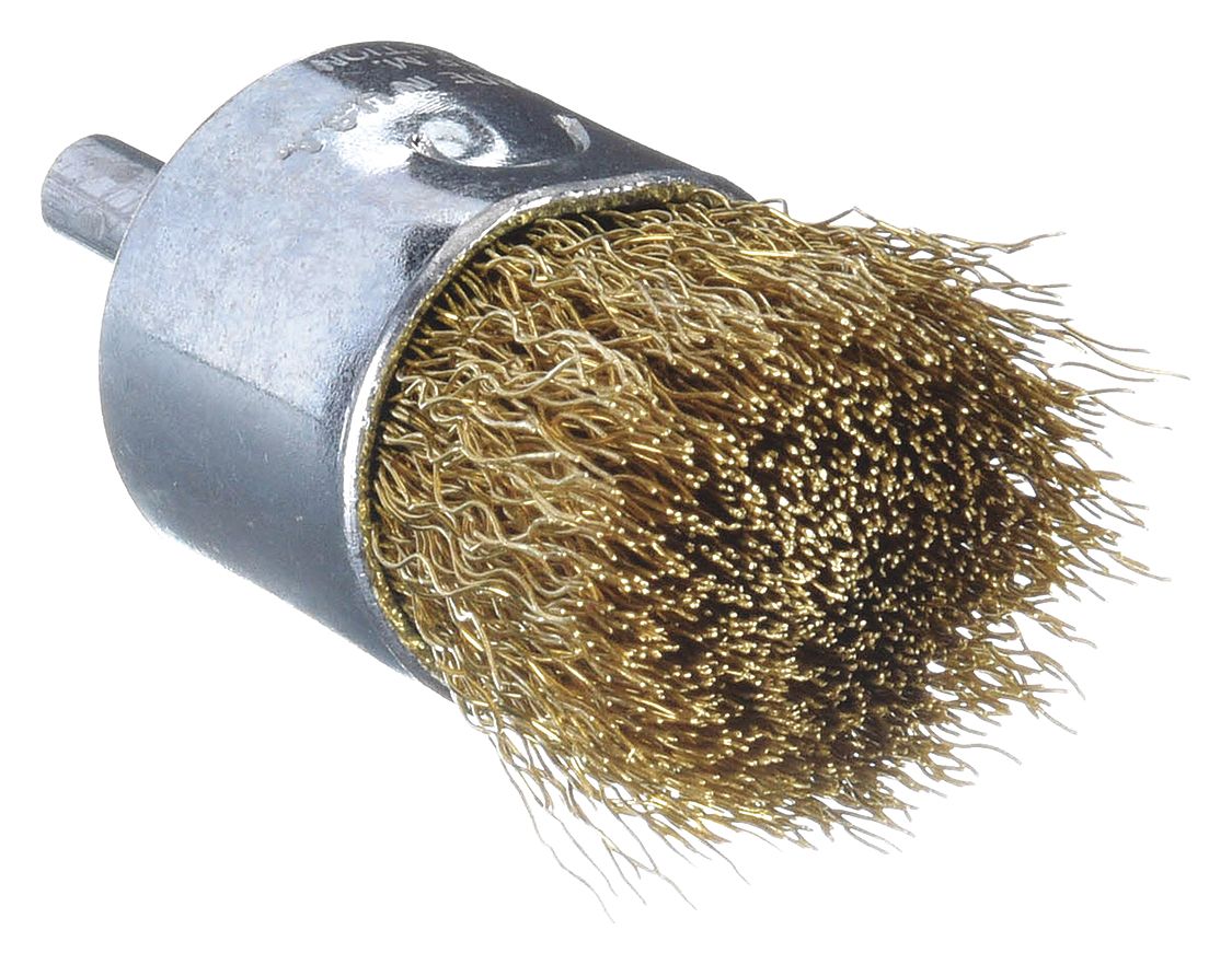 END BRUSH, CRIMPED BRASS, 1 IN DIAMETER, 0.012 IN FILL DIAMETER, ¼ IN SHANK