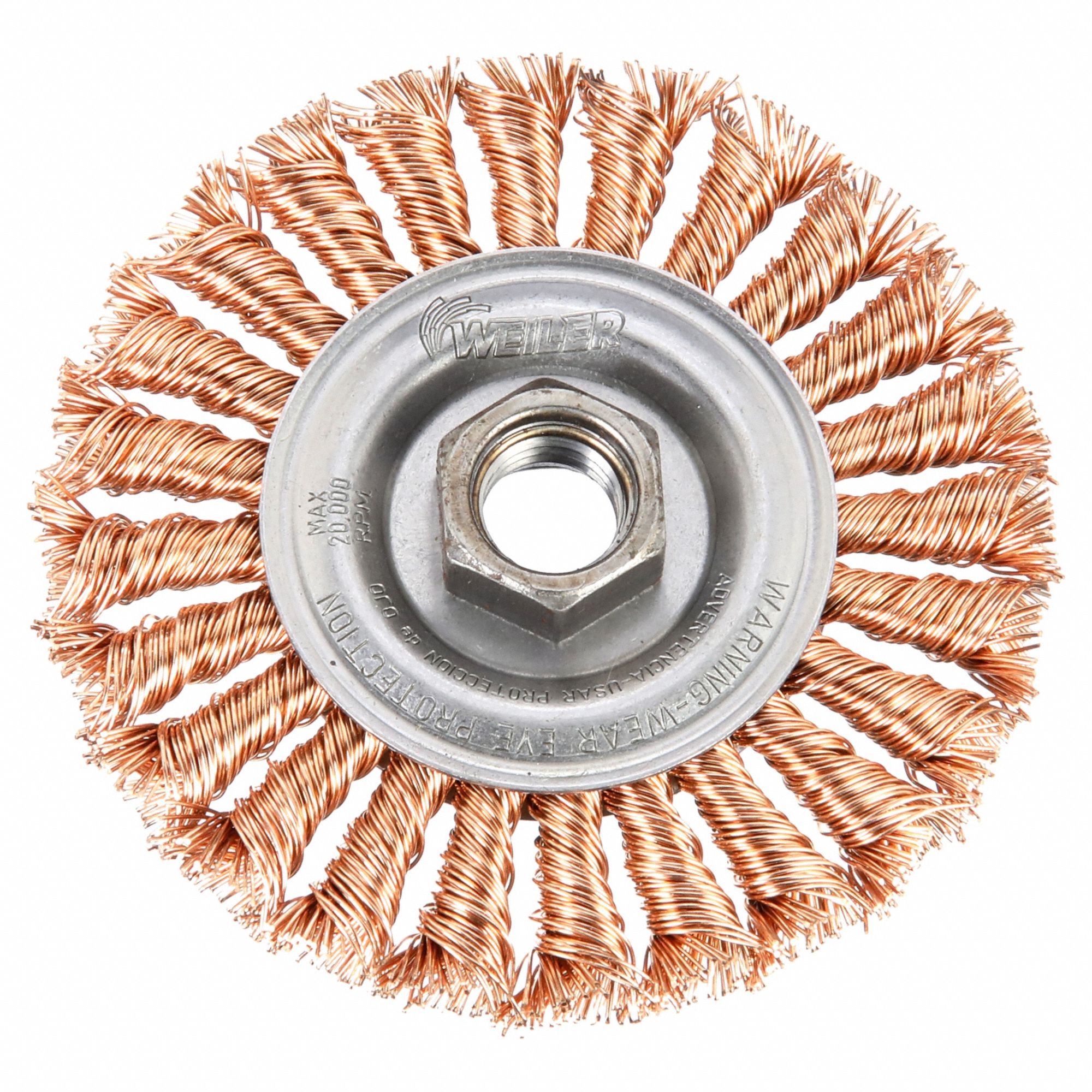 Wire Wheel Brush: Twisted Bronze, 4" Dia x 1/2" Wd, 5/8"-11 Arbor, 0.02" Fill