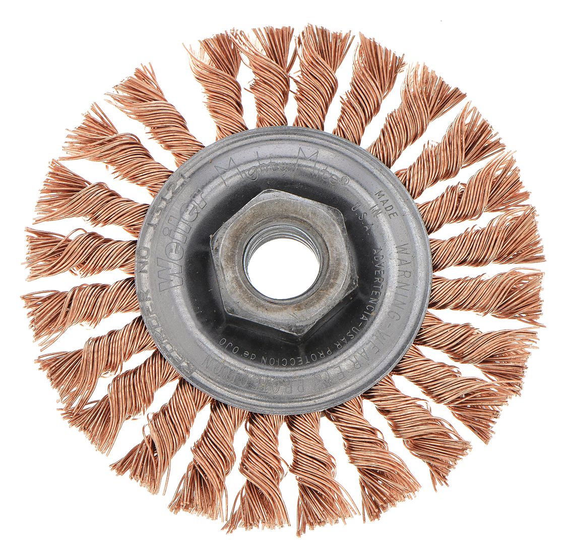 WIRE WHEEL BRUSH, TWISTED BRONZE, 4 IN DIAMETER X ½ IN W, 5/8