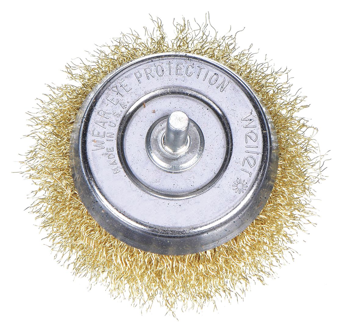 CUP BRUSH, CRIMPED BRASS, 1¾ IN BRUSH DIAMETER, ¼ IN SHANK, 0.012 IN FILL DIAMETER, ¾ IN FILL LG