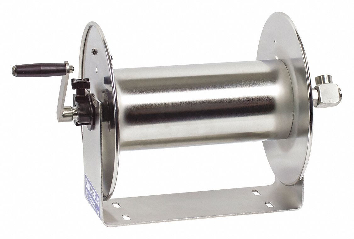 HAND CRANK HOSE REEL: 75 FT (½ IN I.D.), 12 IN L X 14 IN W X 13 IN H, NITRILE, SILVER