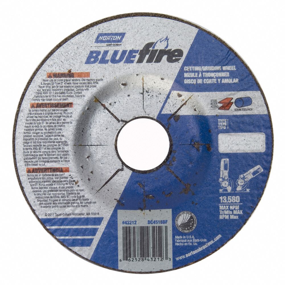 Cut-Off & Grinding Wheel: Type 27, 4 1/2" x 1/8" x 7/8", Zirconia Alumina, 24 Grit