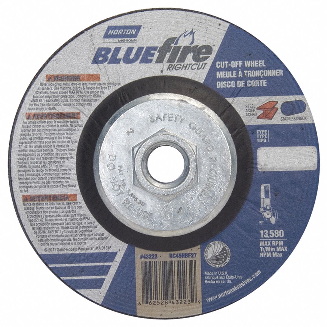 Depressed Center Cut-Off Wheel: Type 27, 4 1/2" x 1/16" x 5/8"-11, Zirconia Alumina, 24 Grit