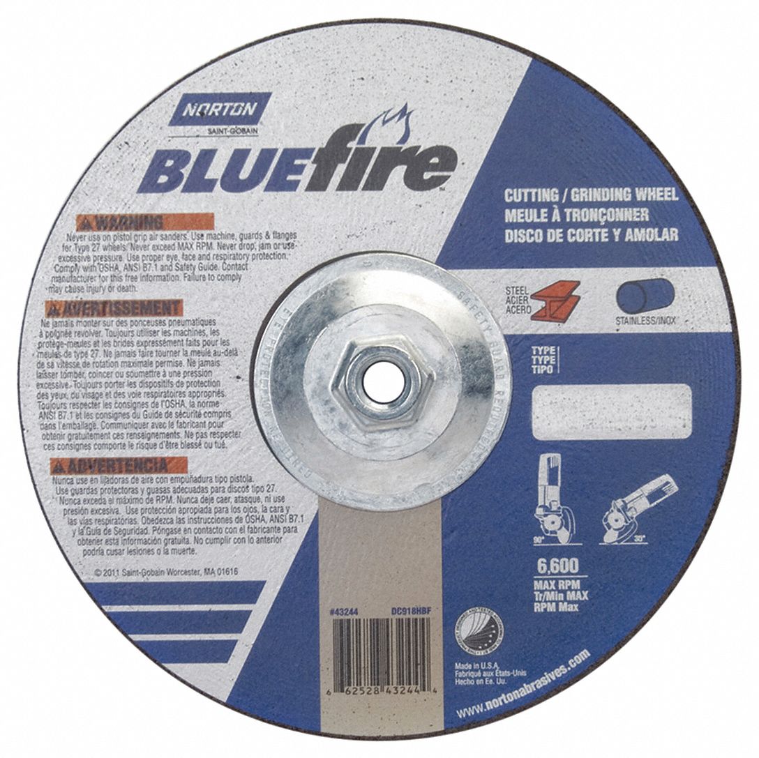 Cut-Off & Grinding Wheel: Type 27, 9" x 1/8" x 5/8"-11, Zirconia Alumina, 24 Grit