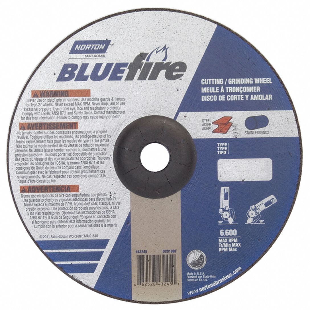 Cut-Off & Grinding Wheel: Type 27, 9" x 1/8" x 7/8", Zirconia Alumina, 24 Grit, BlueFire ZA