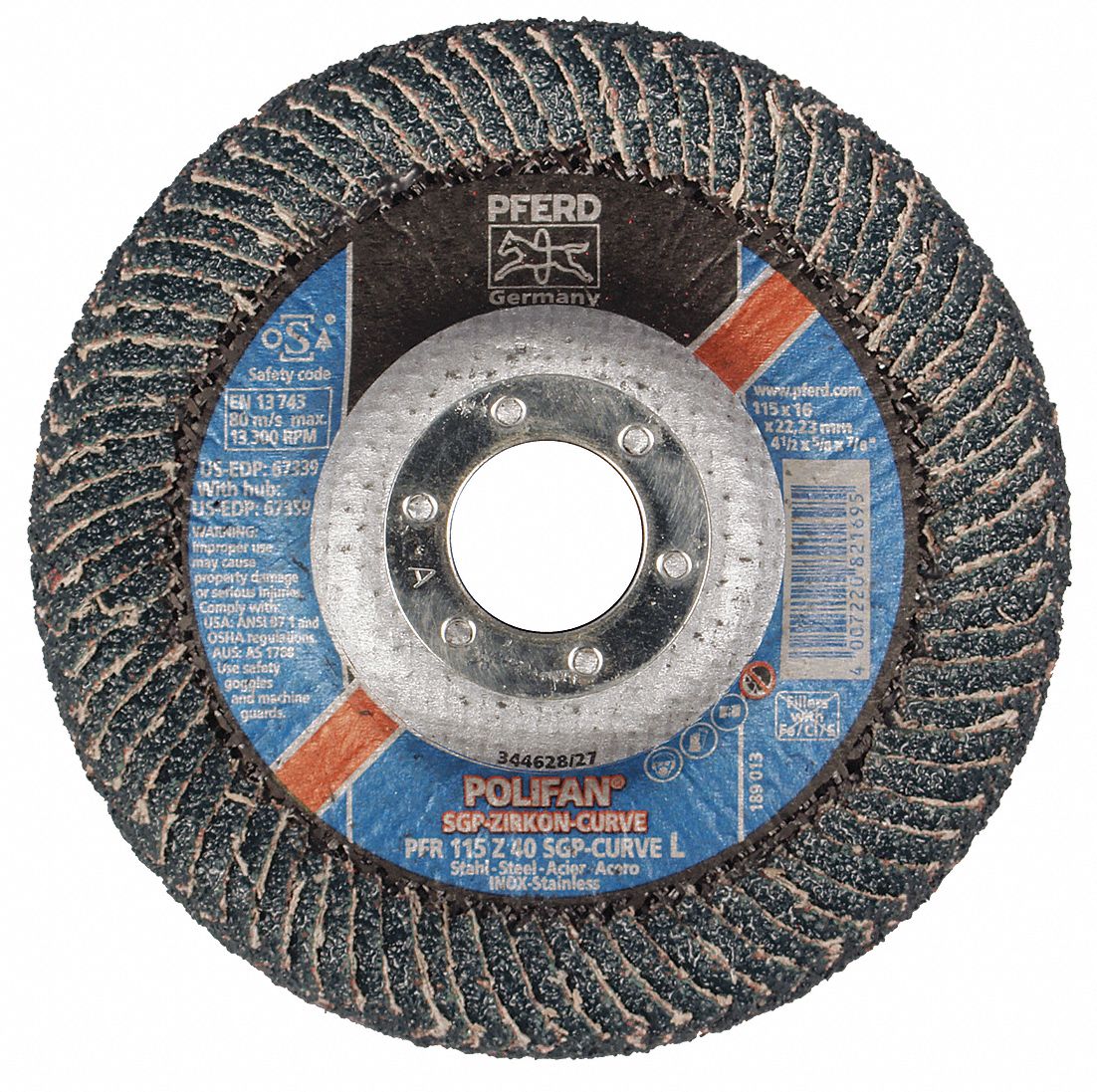 PFERD Radial, Flap Disc, Zirconia Alumina, 4 1/2 in Disc Diameter, 40 Abrasive Grit 33N394