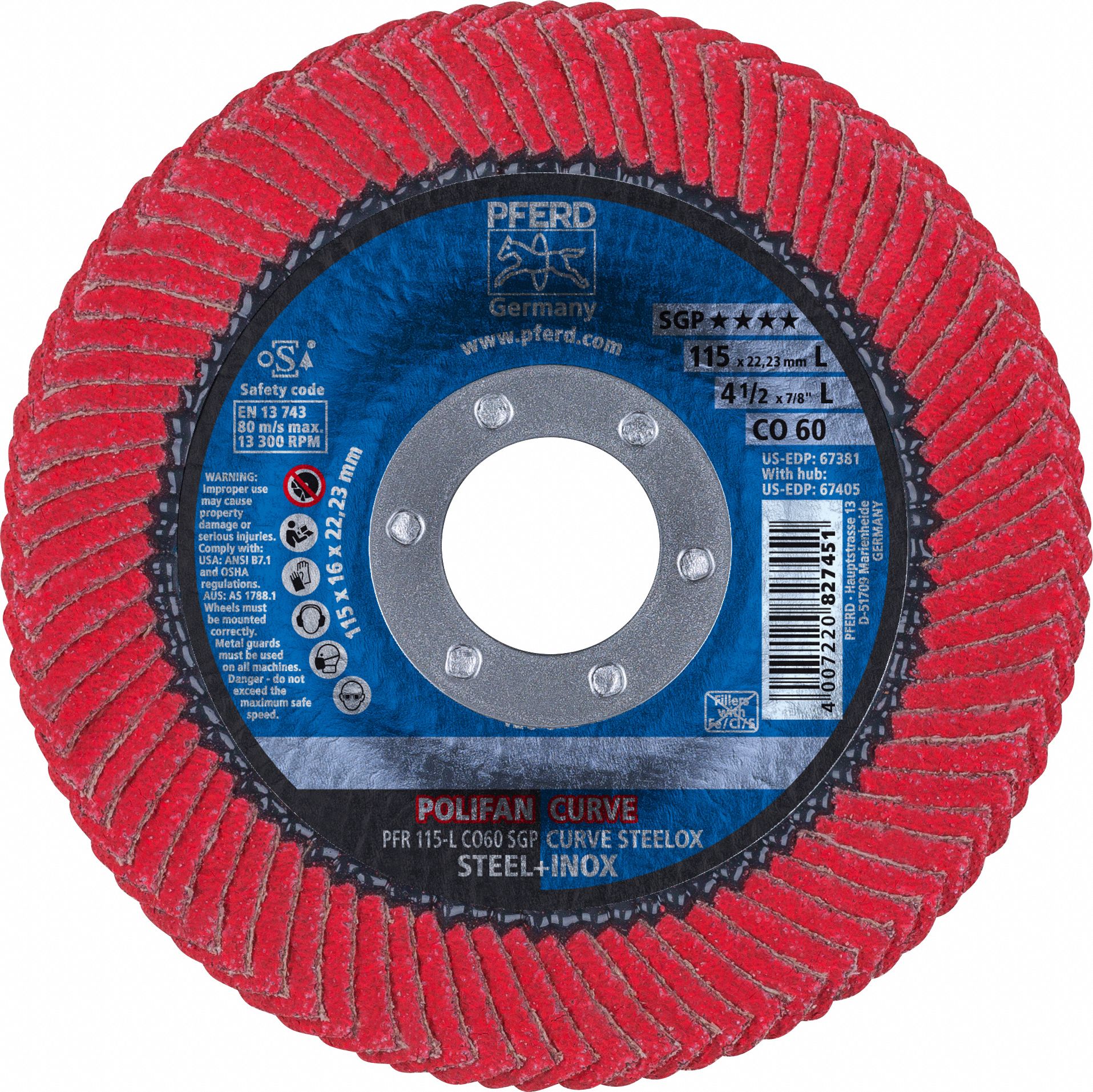 Flap Disc: Radial, 4-1/2" x 7/8", Ceramic, 60 Grit, Fiberglass Bk, High Density, CO SGP CURVE
