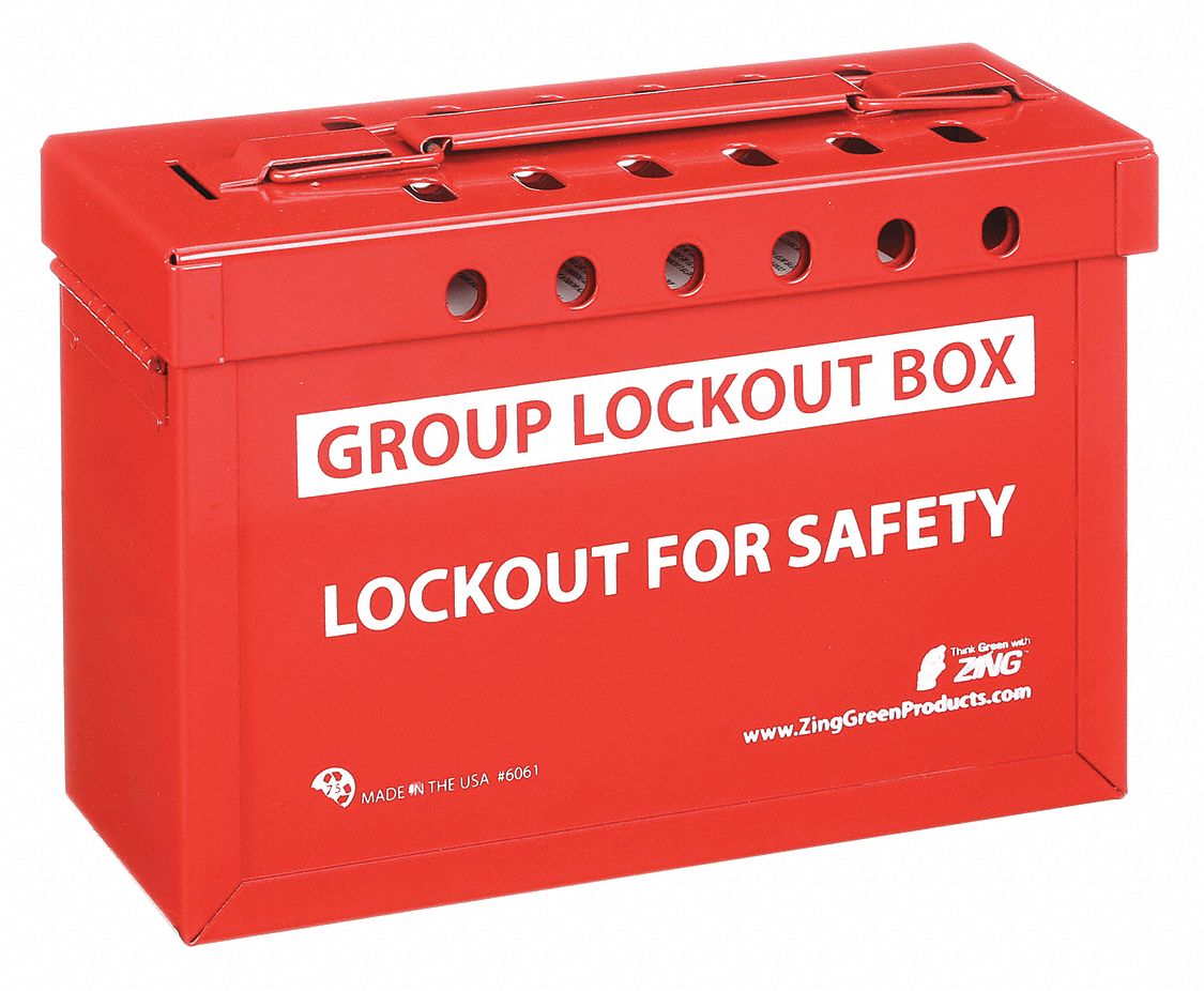 GROUP LOCKOUT BOX, STAINLESS STEEL, RED, 6.25 X 9 X 4 IN, PORTABLE, HINGED, 12 PADLOCKS